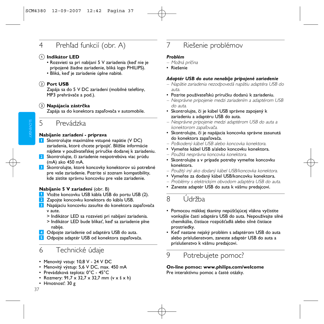 Philips SCM4380 manual Prehľad funkcií obr. a, Prevádzka, Riešenie problémov, Potrebujete pomoc? 