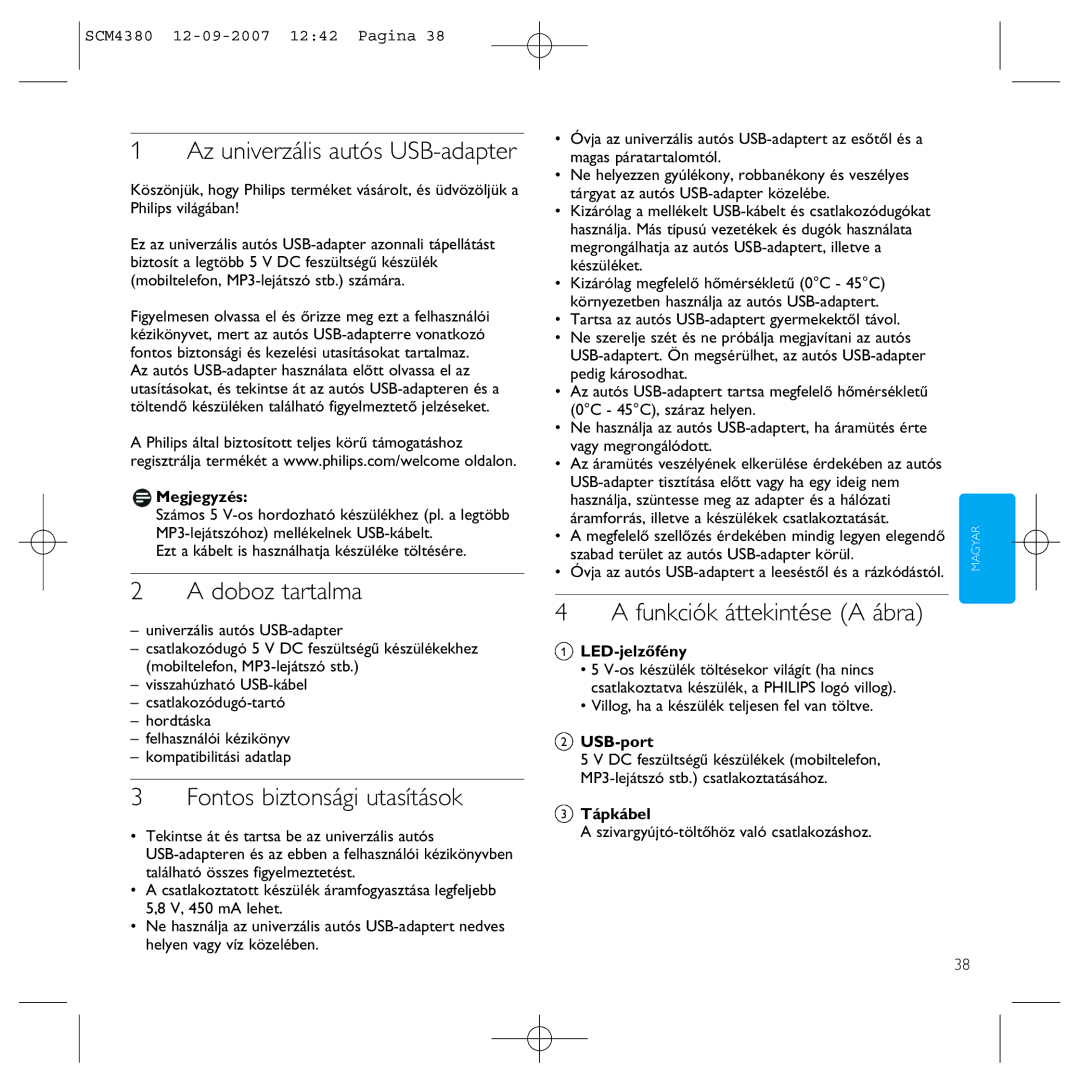 Philips SCM4380 manual Az univerzális autós USB-adapter, Doboz tartalma, Fontos biztonsági utasítások 