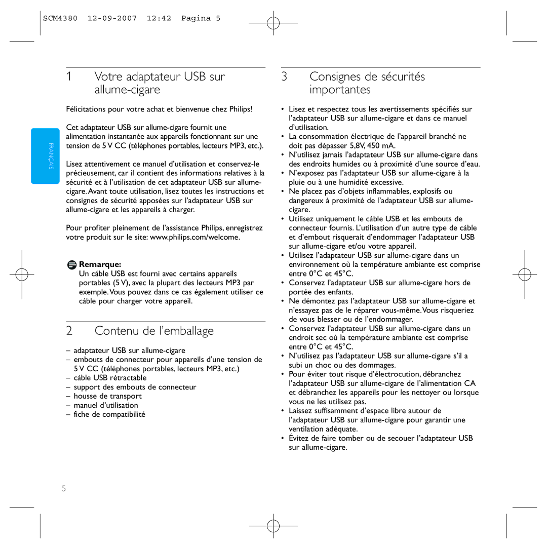 Philips SCM4380 manual Votre adaptateur USB sur allume-cigare, Contenu de l’emballage, Consignes de sécurités importantes 