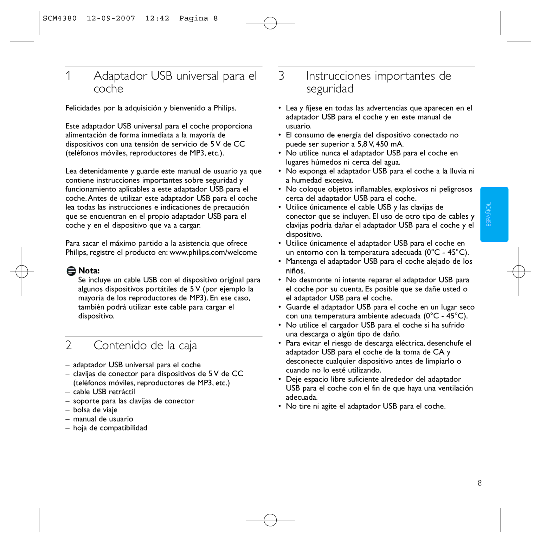 Philips SCM4380 Adaptador USB universal para el coche, Contenido de la caja, Instrucciones importantes de seguridad, Nota 