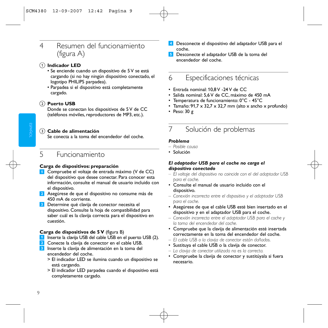 Philips SCM4380 Resumen del funcionamiento figura a, Funcionamiento, Especificaciones técnicas, Solución de problemas 