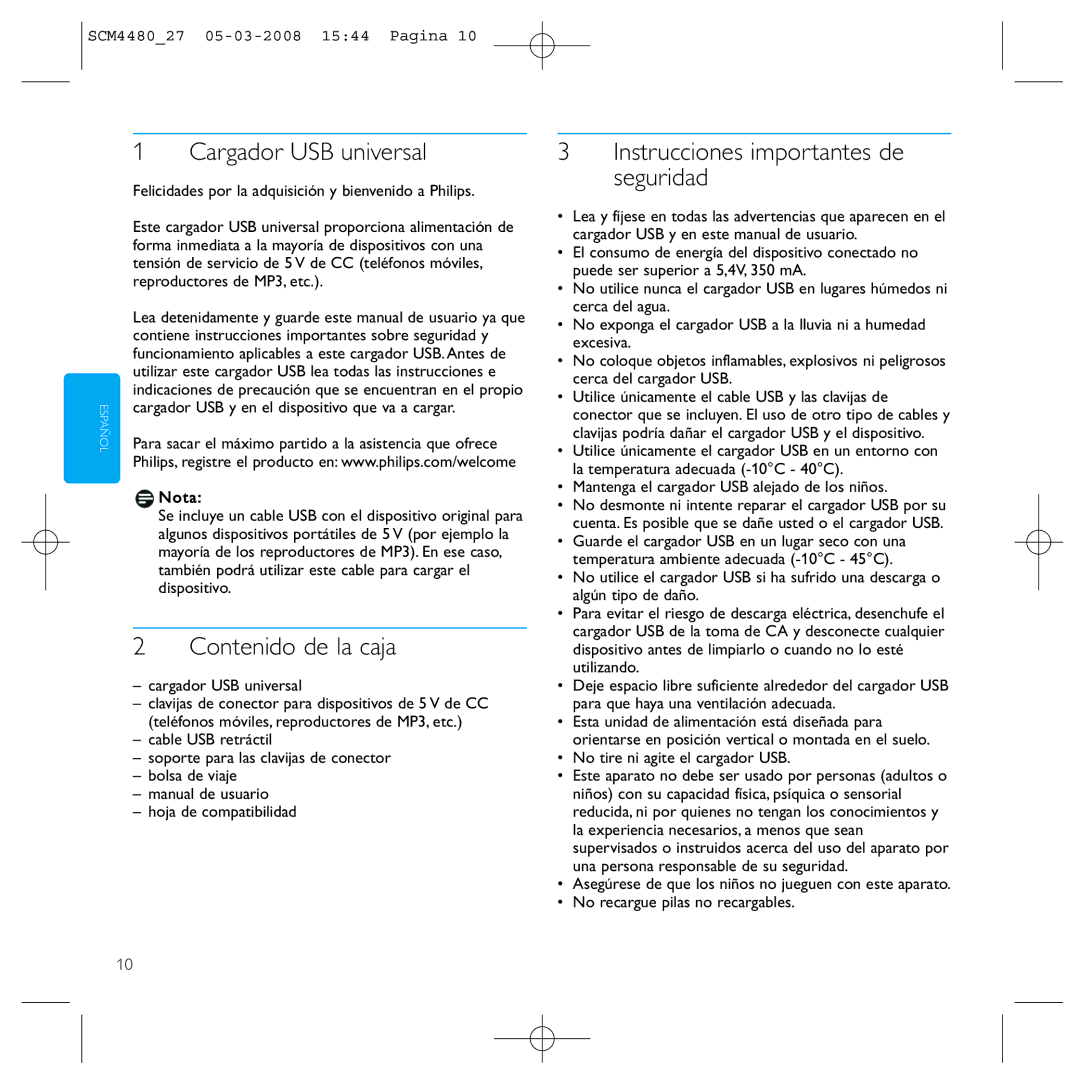 Philips SCM4480/27 manual Cargador USB universal, Contenido de la caja, Instrucciones importantes de seguridad 