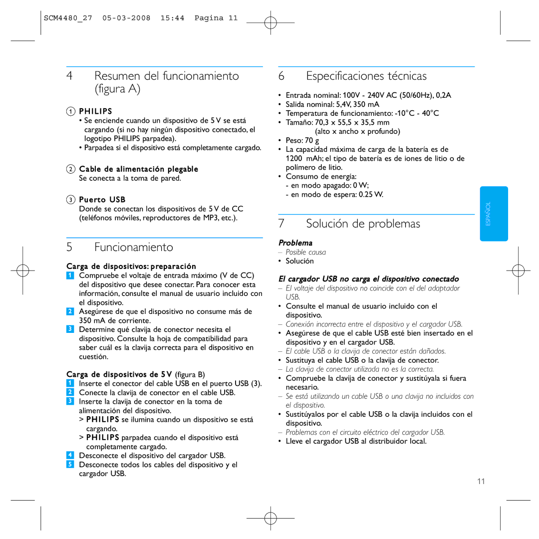 Philips SCM4480/27 Resumen del funcionamiento figura a, Funcionamiento, Especificaciones técnicas, Solución de problemas 