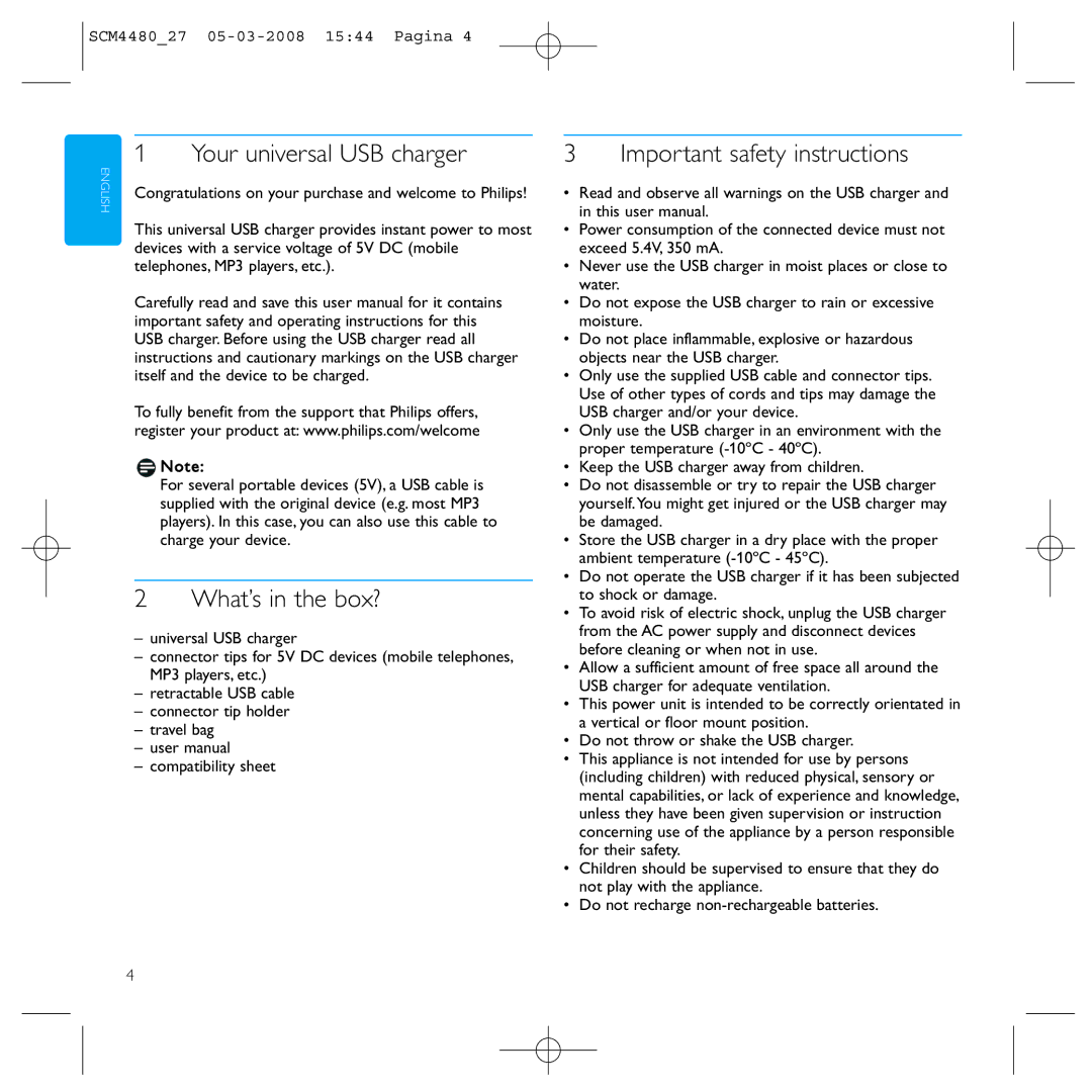 Philips SCM4480/27 manual Your universal USB charger, What’s in the box?, Important safety instructions 