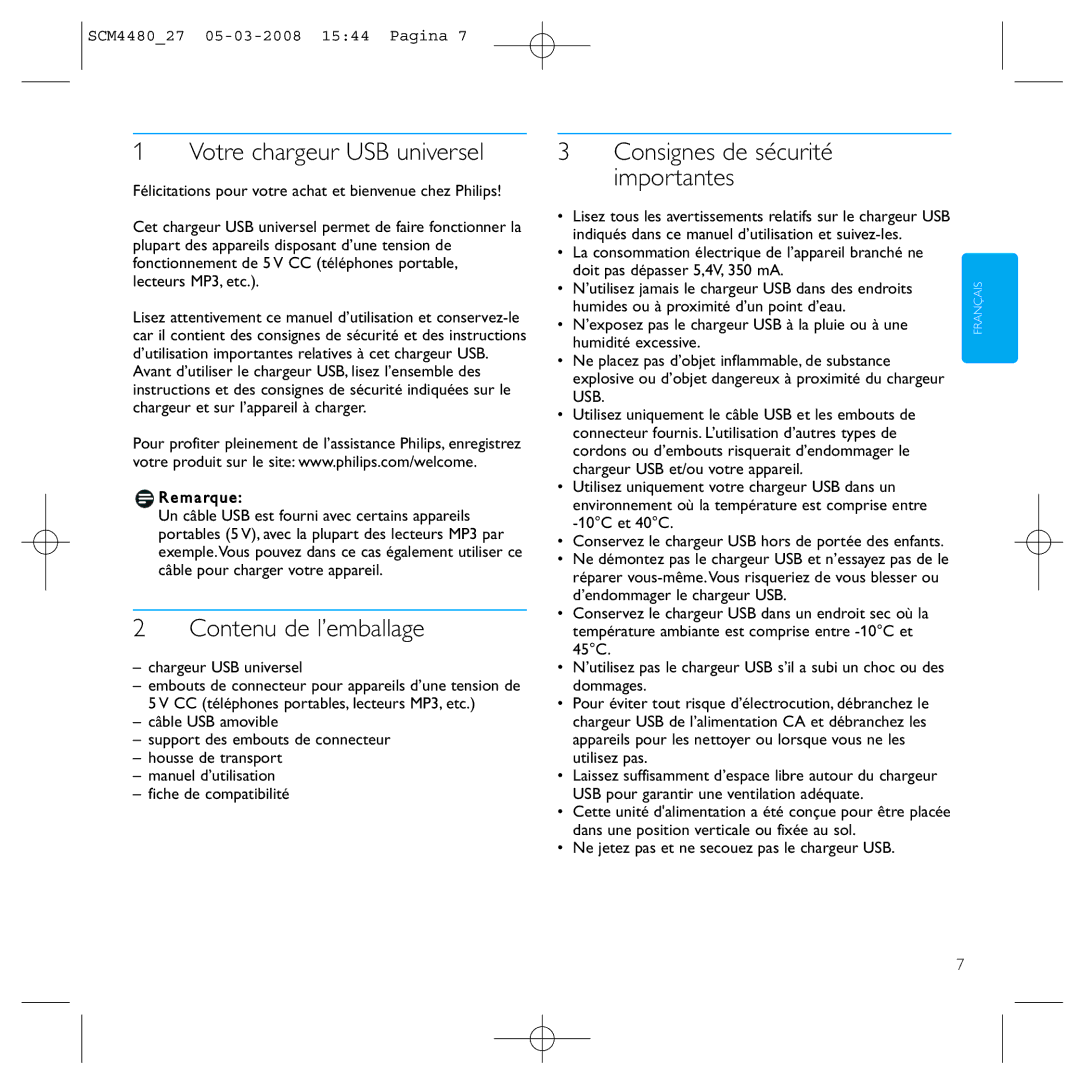 Philips SCM4480/27 manual Votre chargeur USB universel, Contenu de l’emballage, Consignes de sécurité importantes 