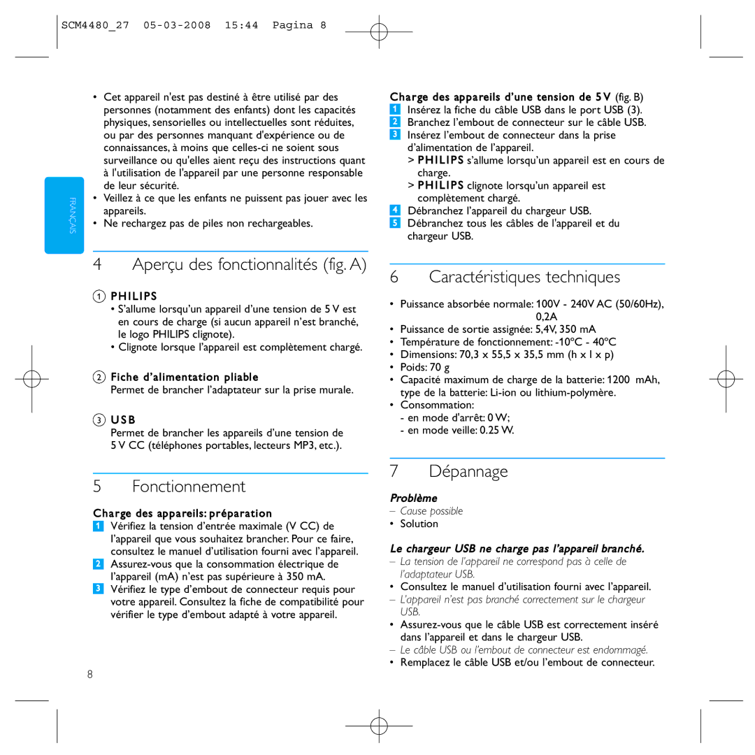 Philips SCM4480/27 manual Aperçu des fonctionnalités fig. a, Caractéristiques techniques, Fonctionnement, Dépannage 