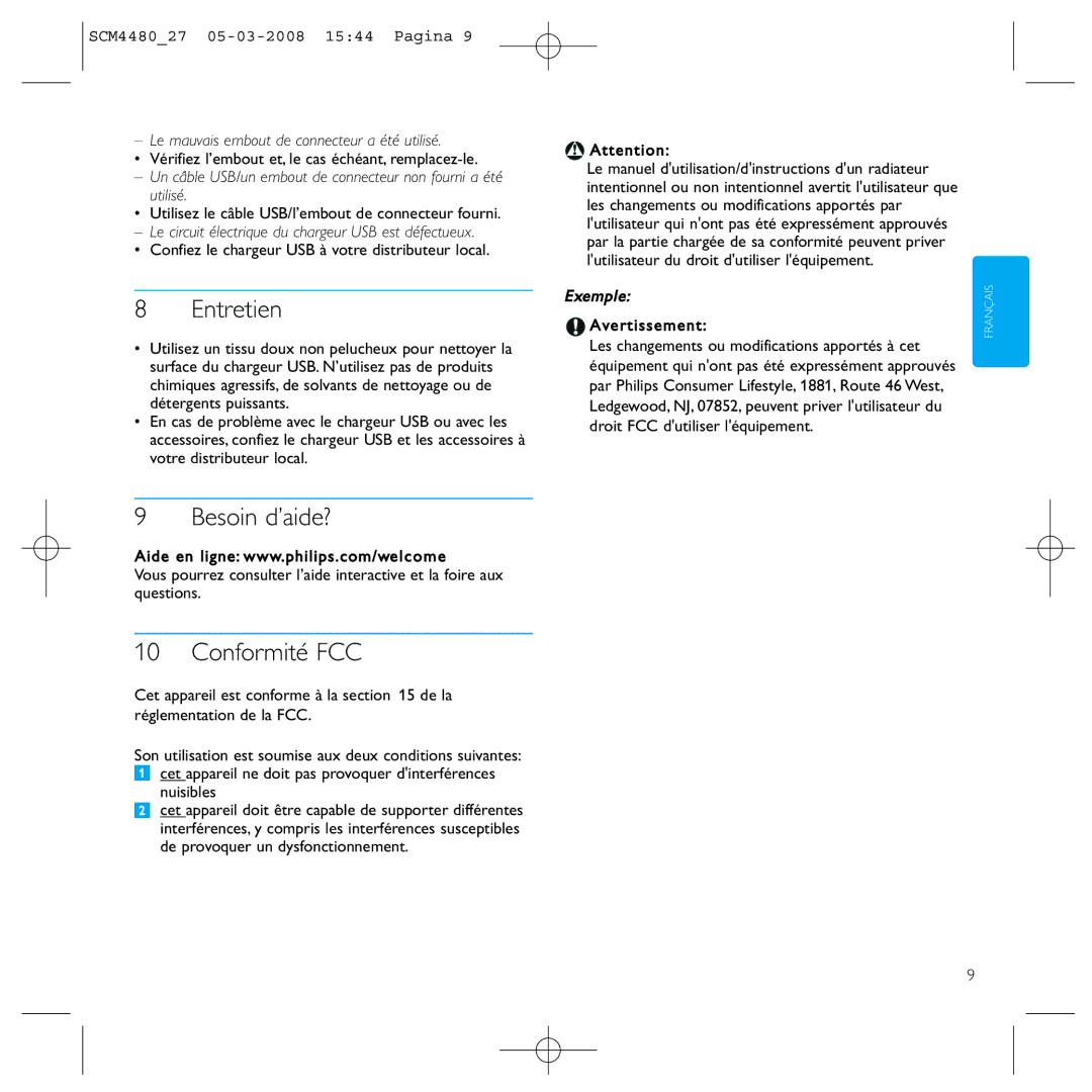 Philips SCM4480/27 manual Entretien, Besoin d’aide?, Conformité FCC 