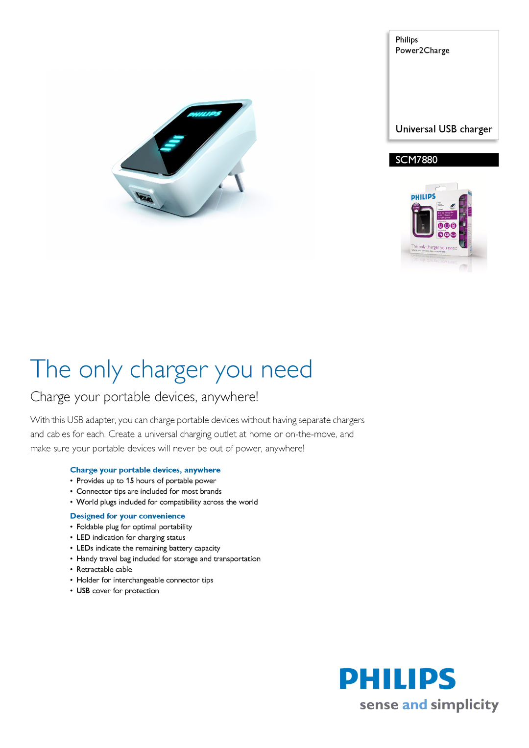 Philips SCM7880/05 manual Only charger you need, Charge your portable devices, anywhere, Designed for your convenience 