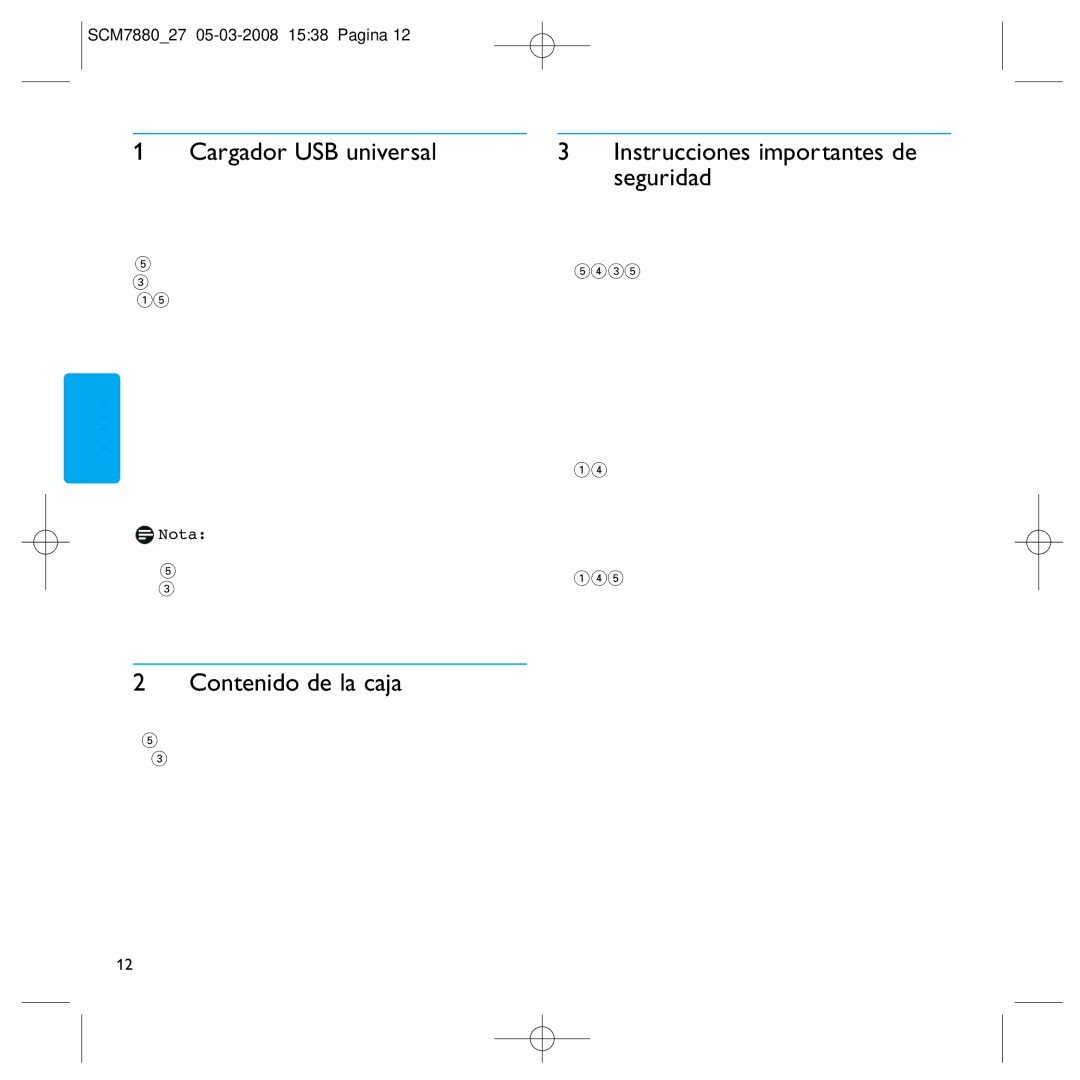 Philips SCM7880/27 manual Cargador USB universal, Contenido de la caja, Instrucciones importantes de seguridad, Nota 