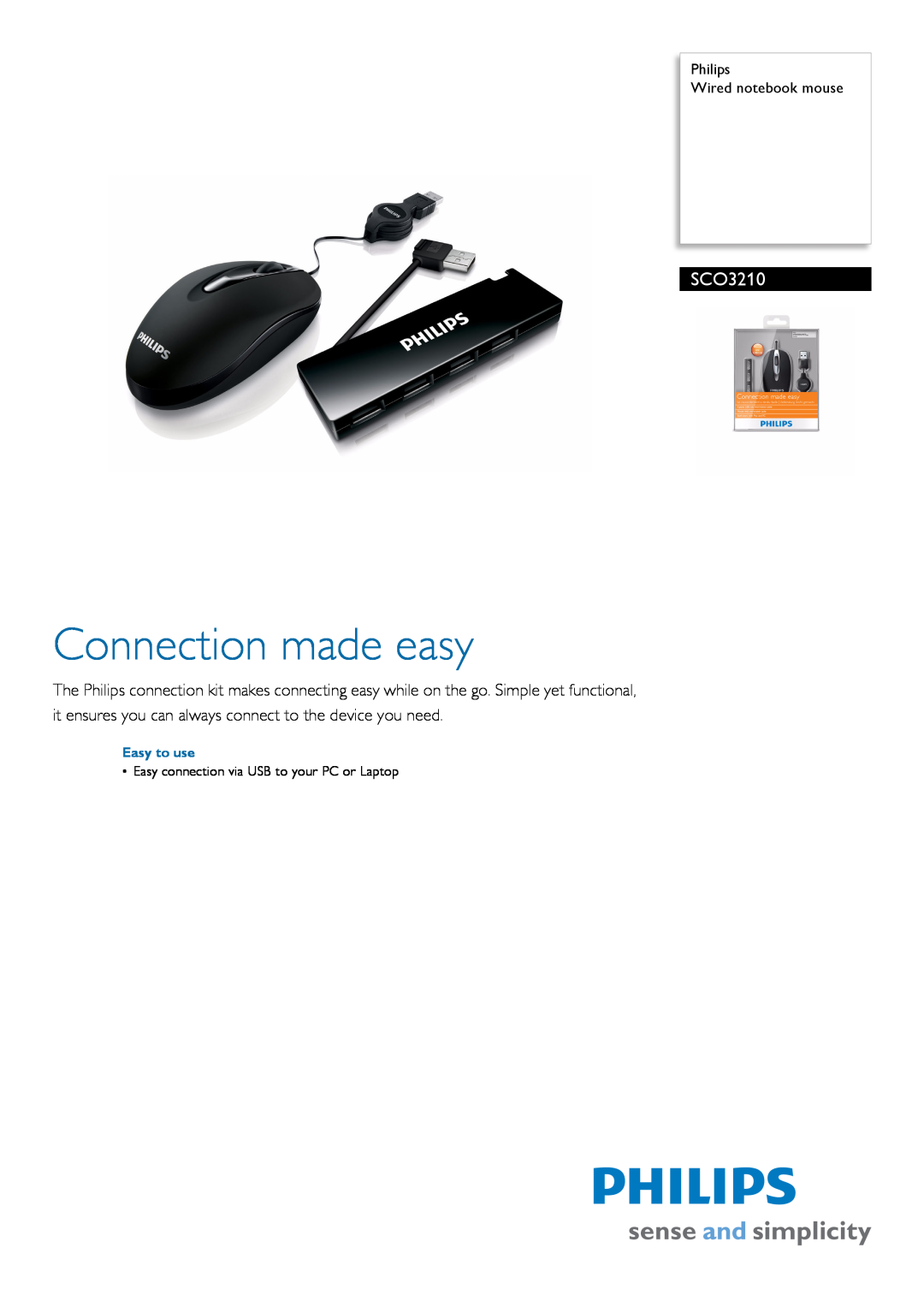 Philips SCO3210/10 manual Philips Wired notebook mouse, Easy to use, Connection made easy 