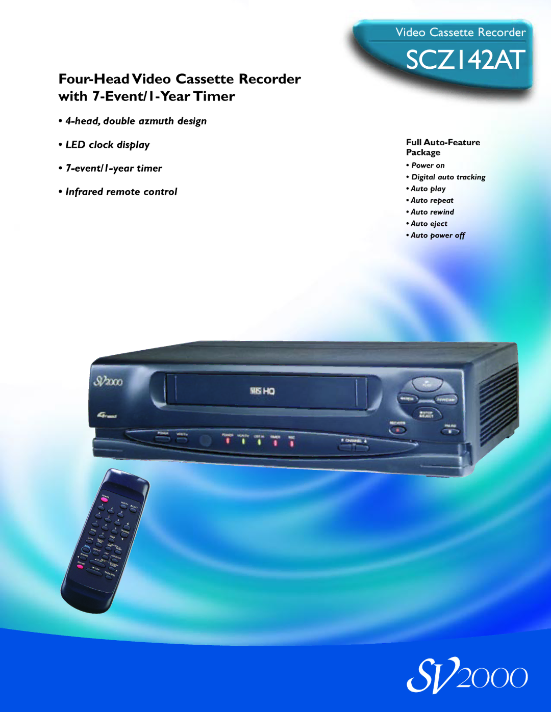 Philips SCZ142AT manual Four-Head Video Cassette Recorder with 7-Event/1-Year Timer, Full Auto-Feature Package 