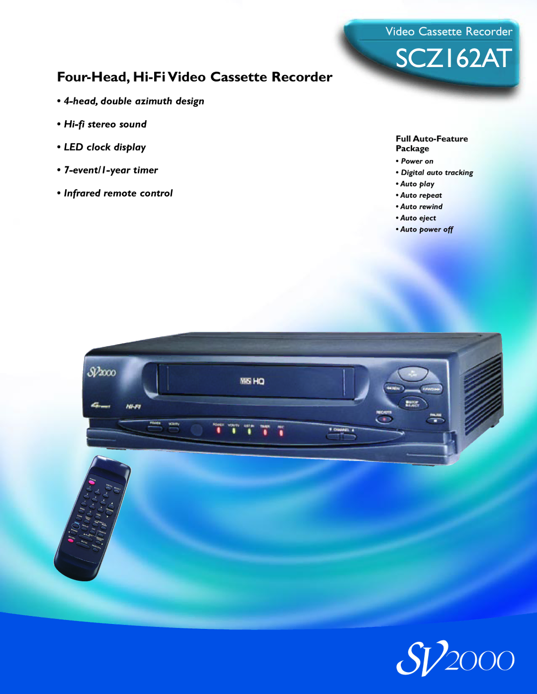 Philips SCZ162AT manual Four-Head, Hi-Fi Video Cassette Recorder, Full Auto-Feature Package 