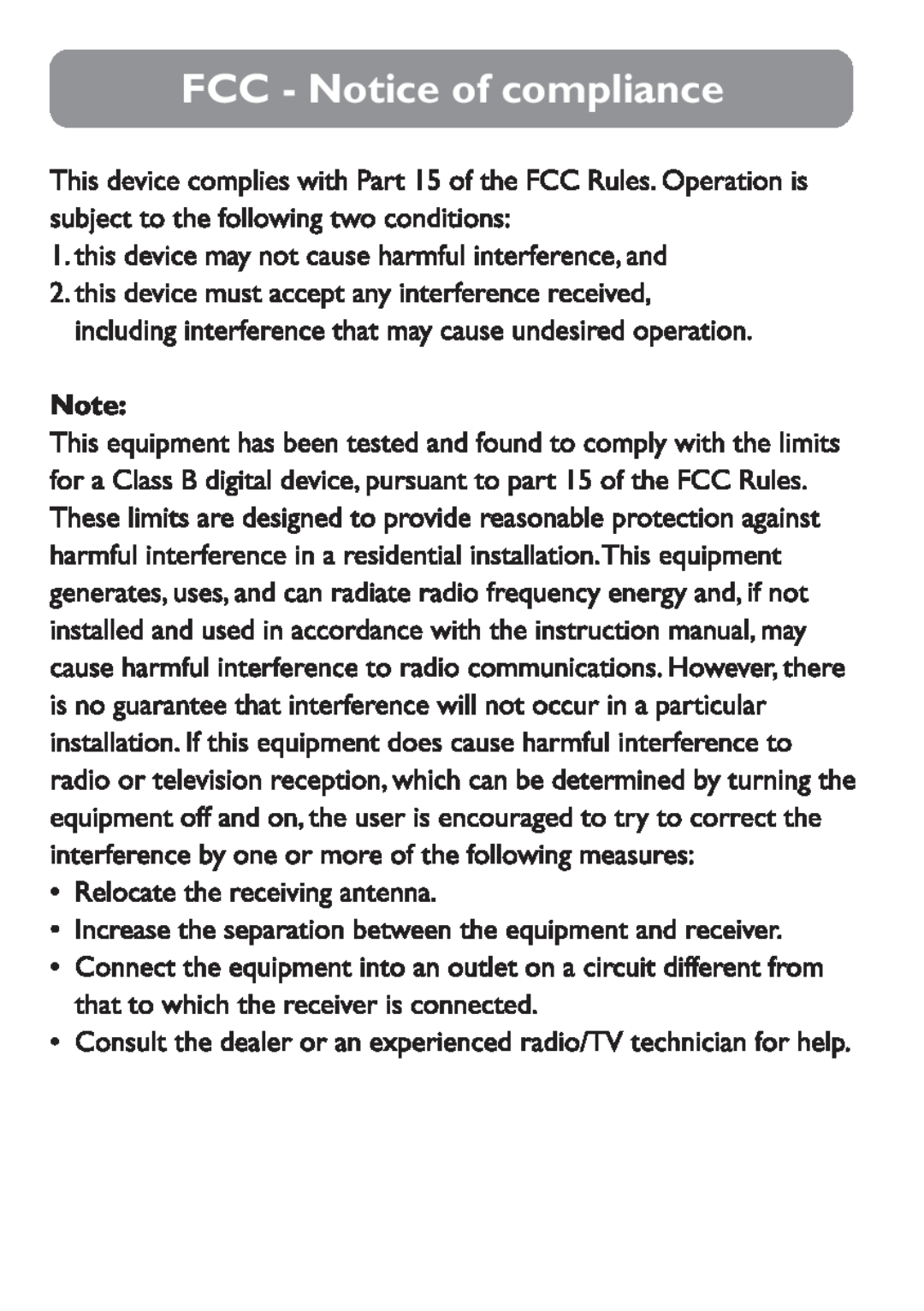 Philips SDC5100/27 user manual FCC - Notice of compliance 