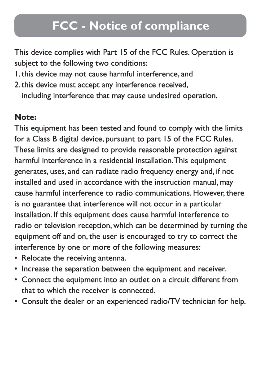 Philips SDC5100/27 user manual FCC Notice of compliance 