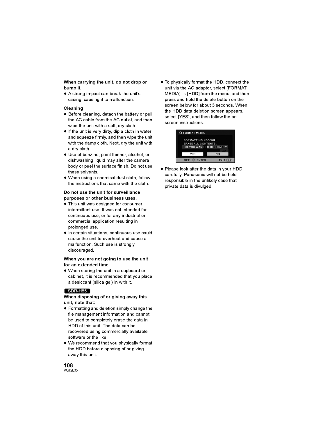 Philips SDR-S50 operating instructions 108, When carrying the unit, do not drop or bump it, Cleaning 