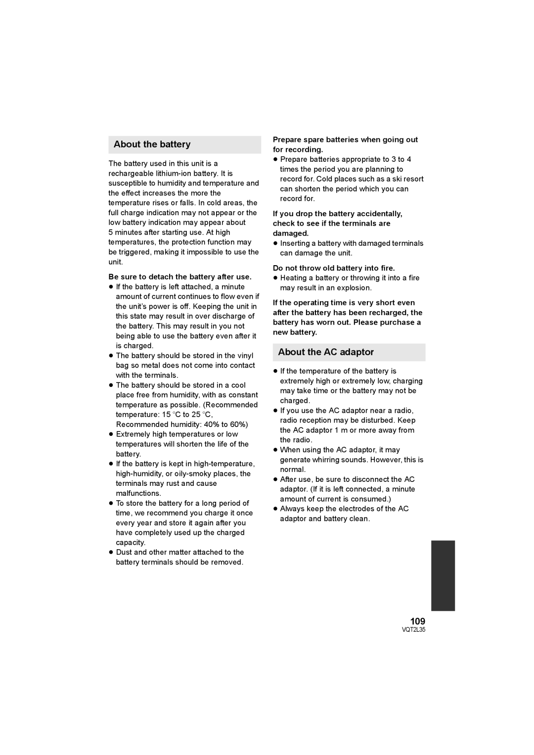 Philips SDR-S50 operating instructions About the battery, About the AC adaptor, 109 