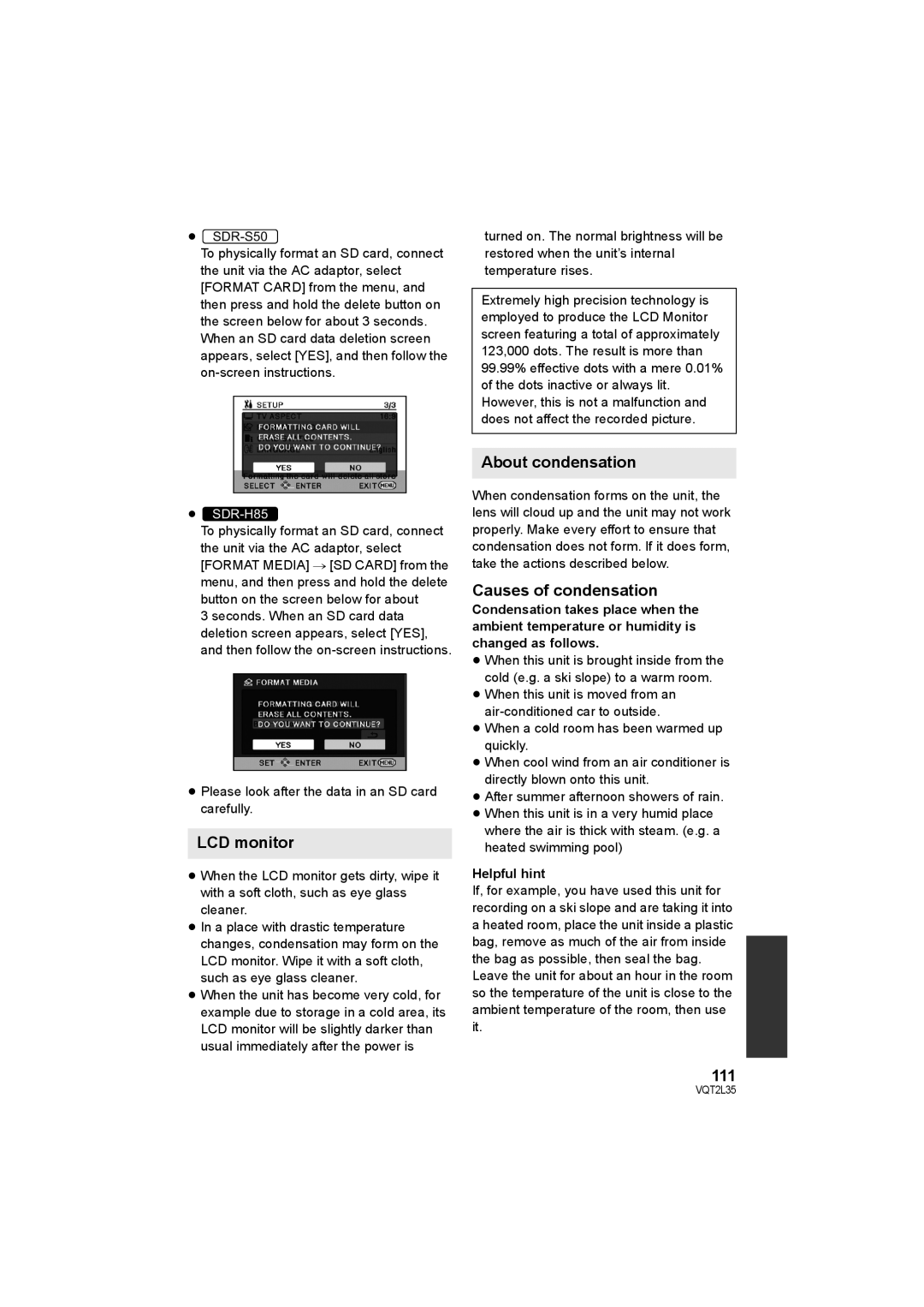 Philips SDR-S50 operating instructions LCD monitor, About condensation, Causes of condensation, 111, Helpful hint 