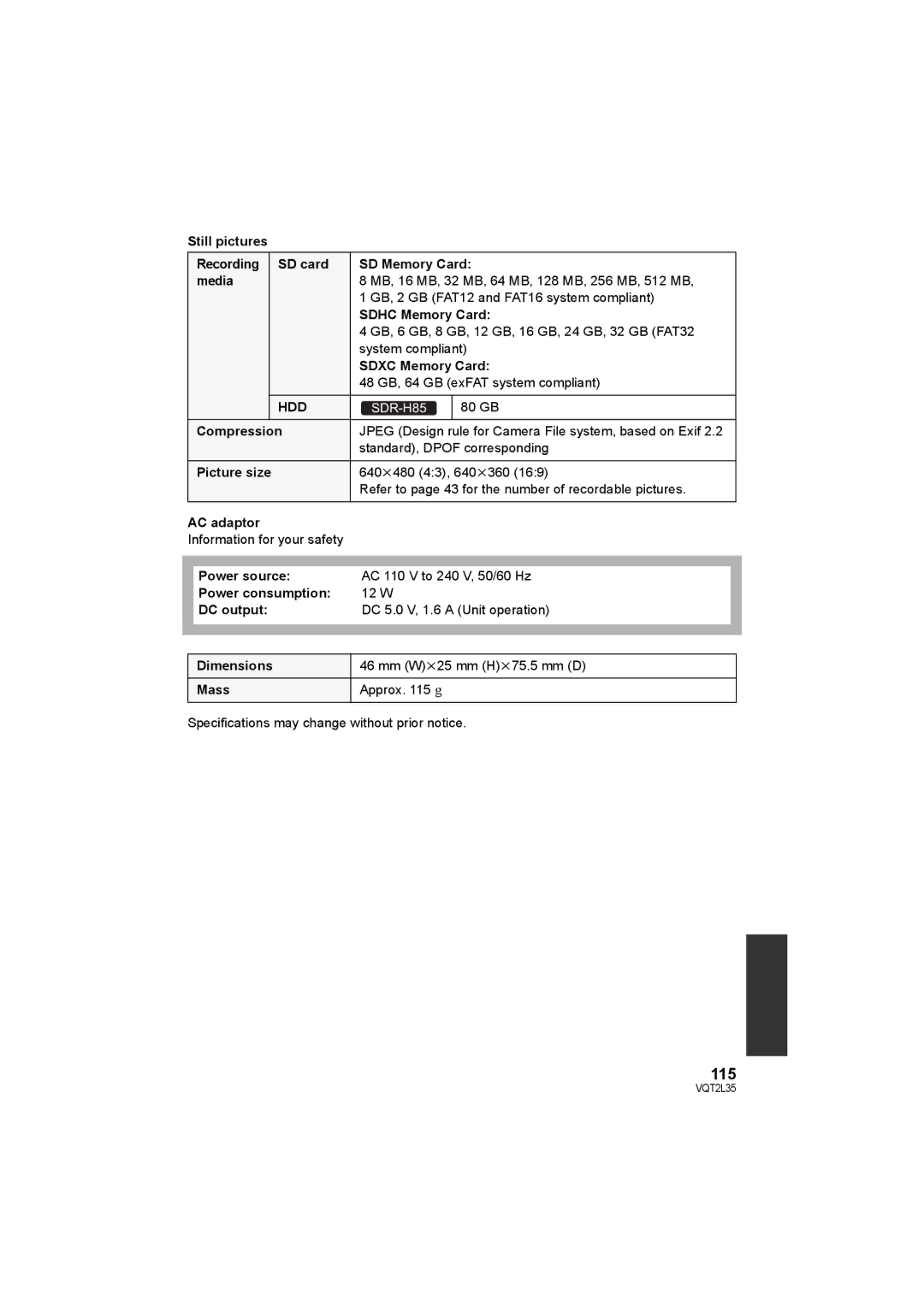 Philips SDR-S50 operating instructions 115, GB Compression, Specifications may change without prior notice 