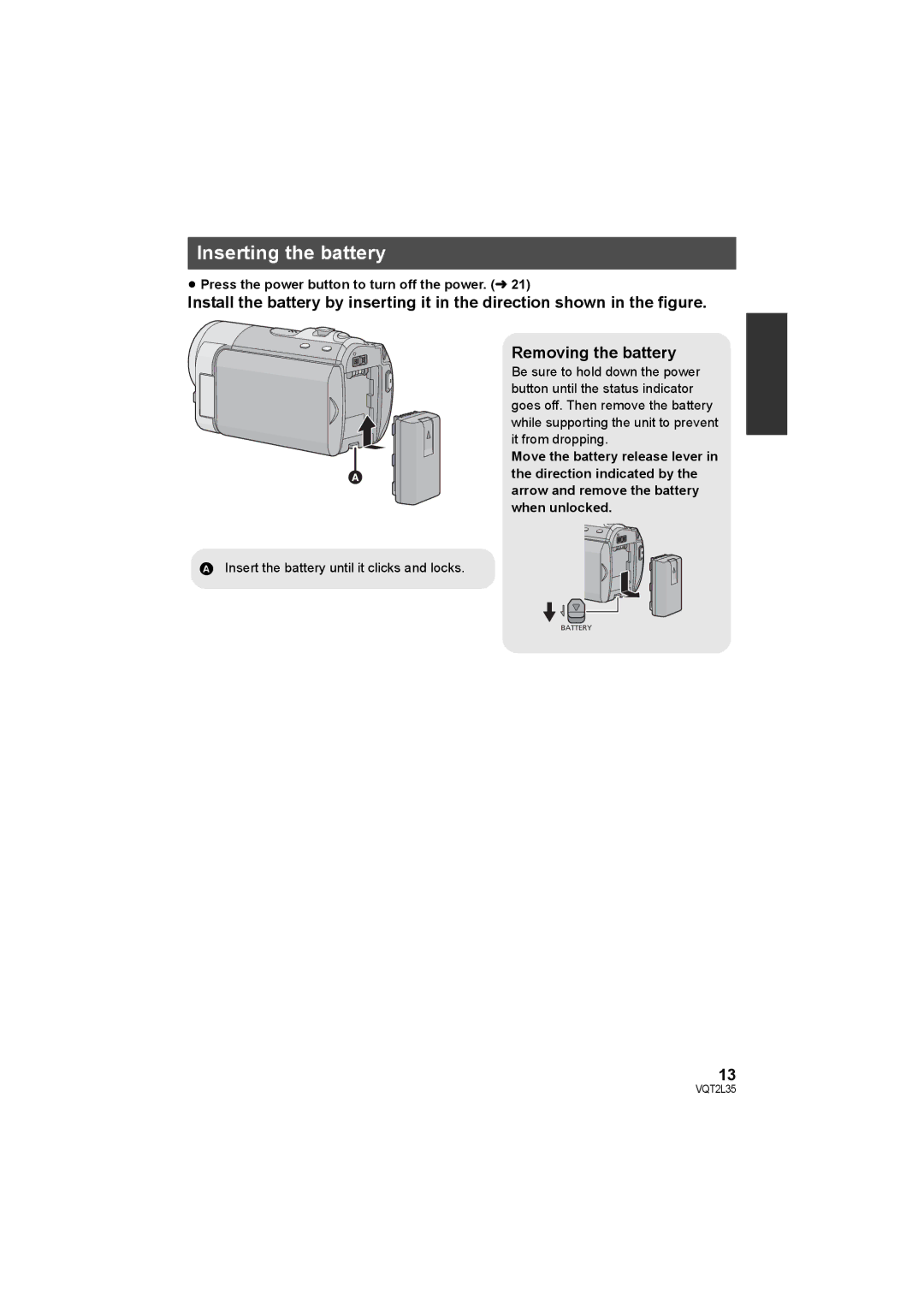 Philips SDR-S50 operating instructions Inserting the battery, ≥ Press the power button to turn off the power. l 