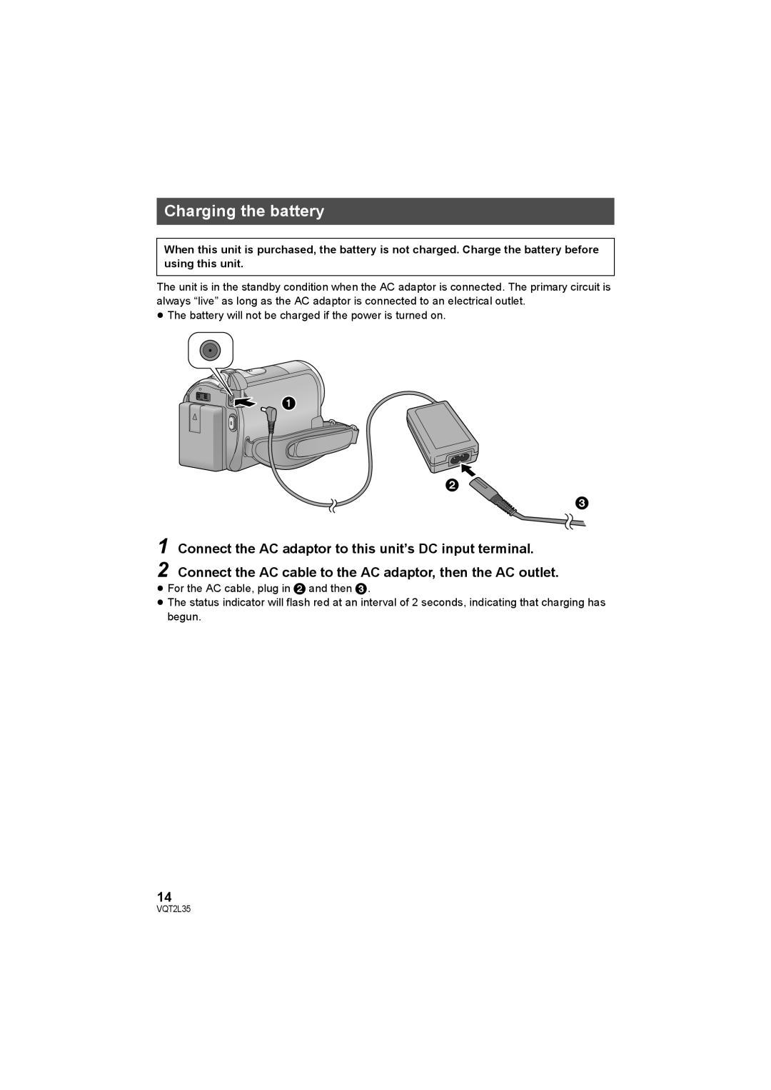 Philips SDR-S50 operating instructions Charging the battery, Connect the AC adaptor to this unit’s DC input terminal 