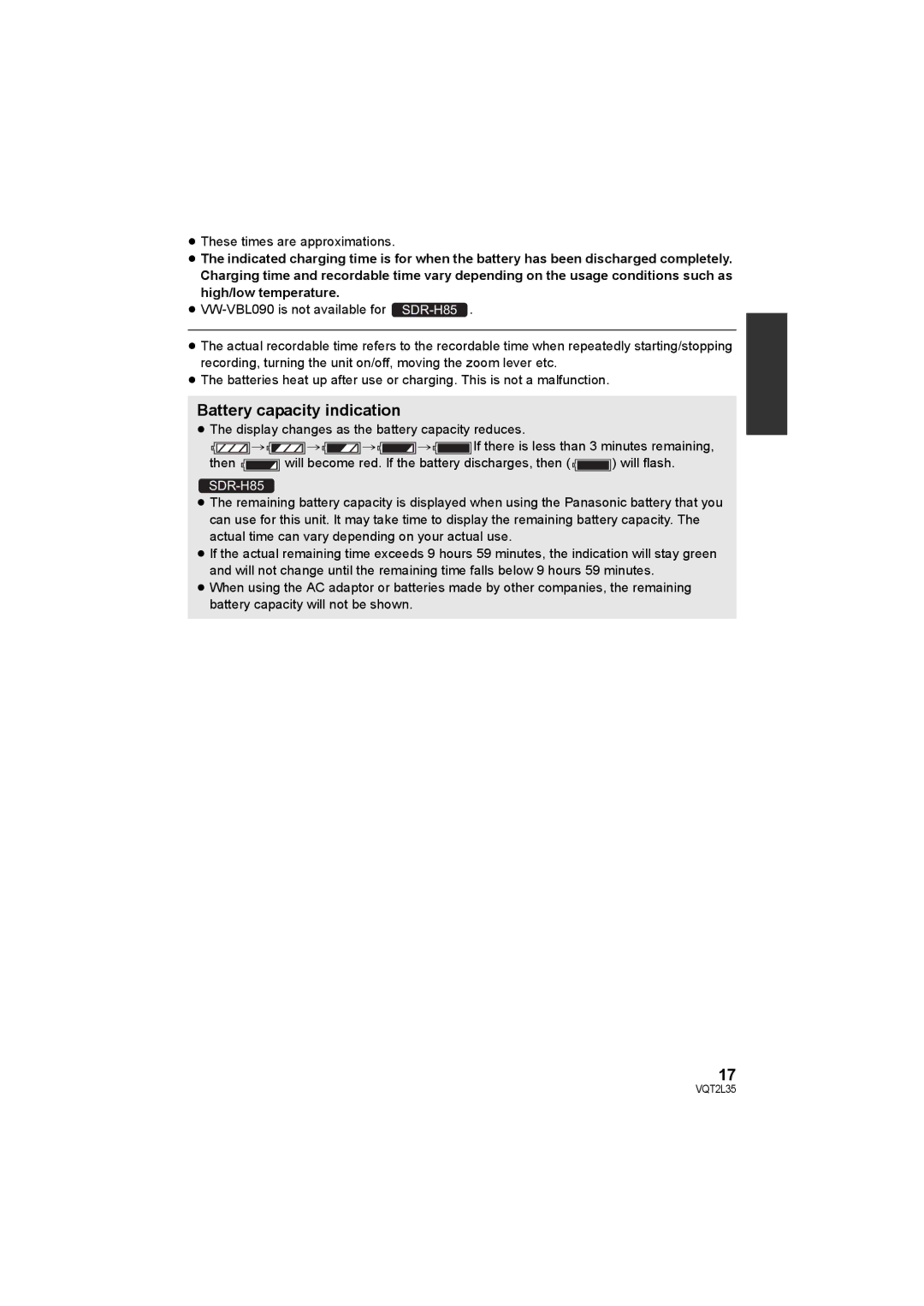 Philips SDR-S50 operating instructions Battery capacity indication, ≥ These times are approximations 