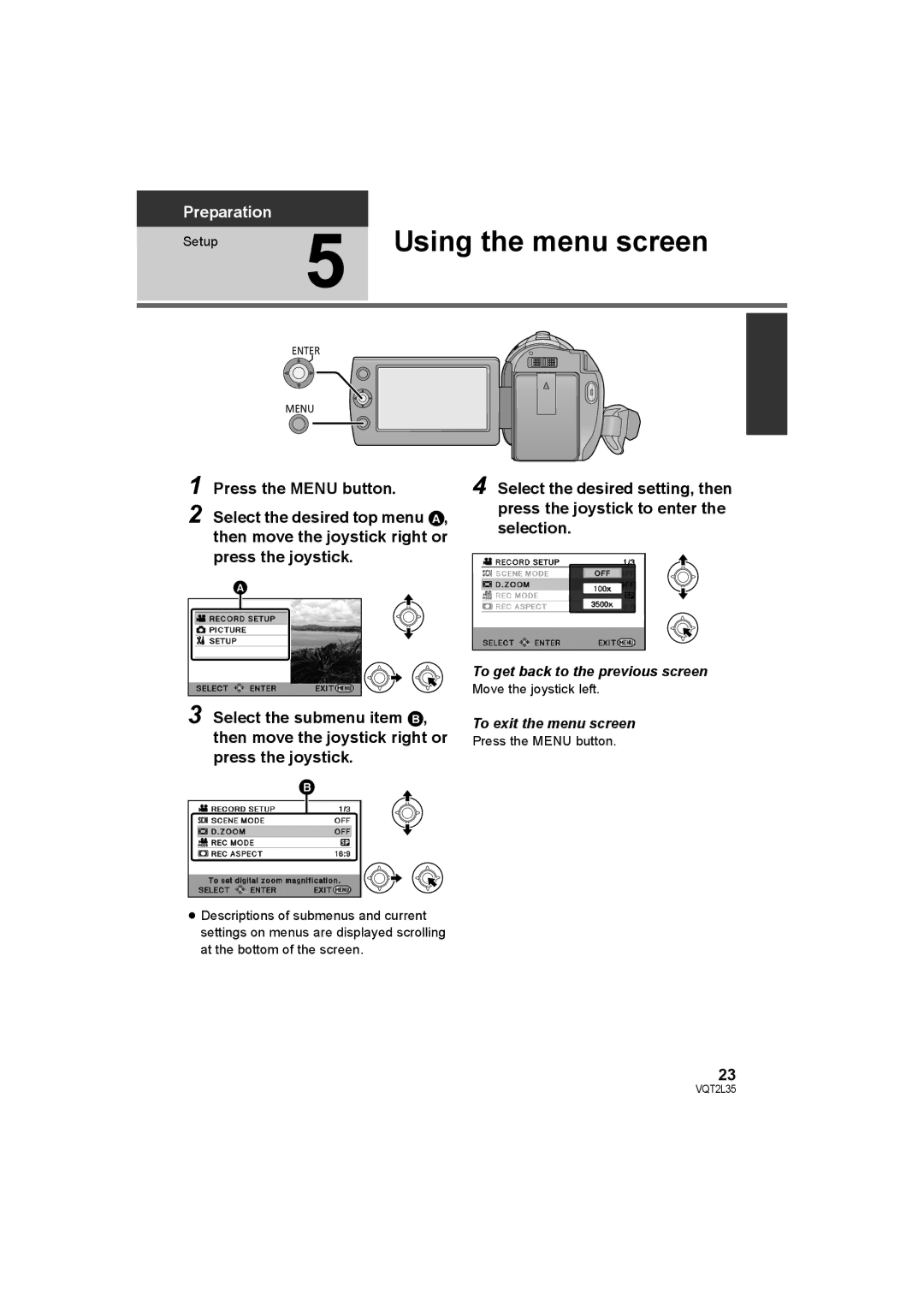 Philips SDR-S50 operating instructions Using the menu screen, Move the joystick left 