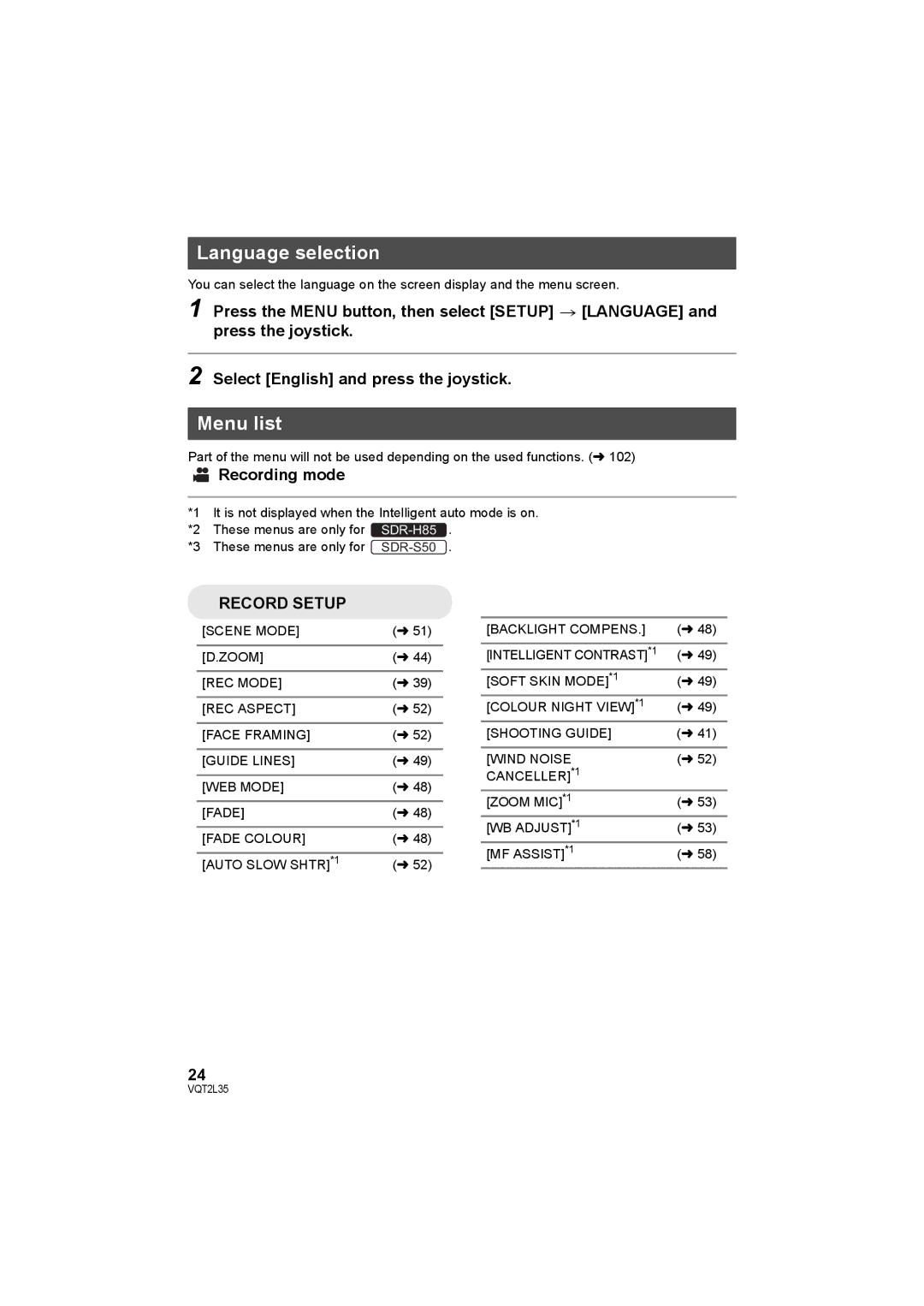 Philips operating instructions Language selection, Menu list, Recording mode, These menus are only for SDR-S50 