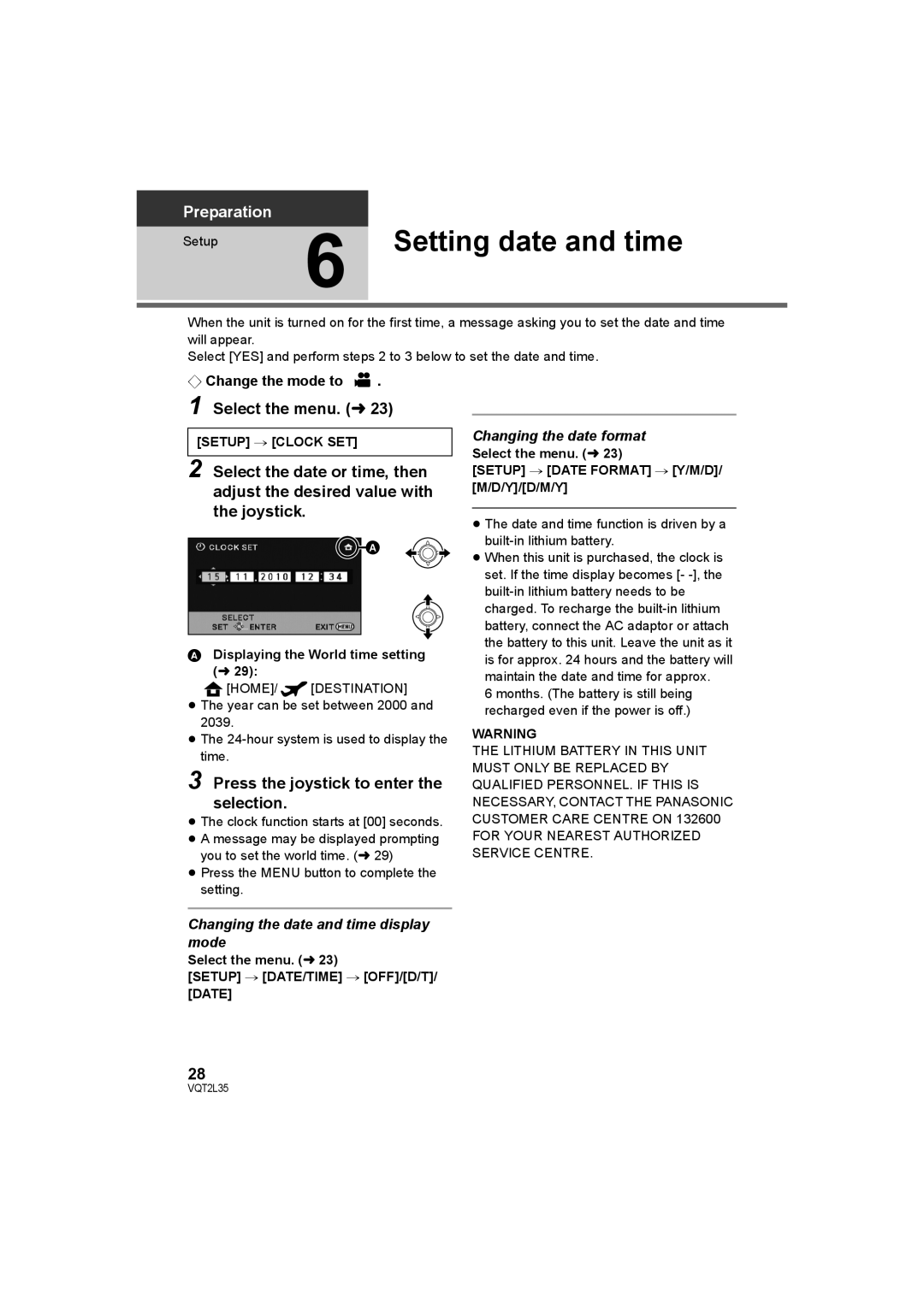 Philips SDR-S50 Setting date and time, Select the menu. l, Press the joystick to enter the selection, Setup # Clock SET 