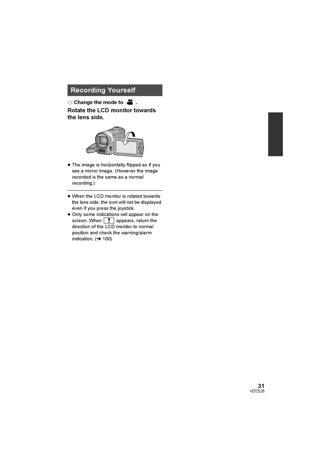 Philips SDR-S50 operating instructions Recording Yourself, Rotate the LCD monitor towards the lens side 