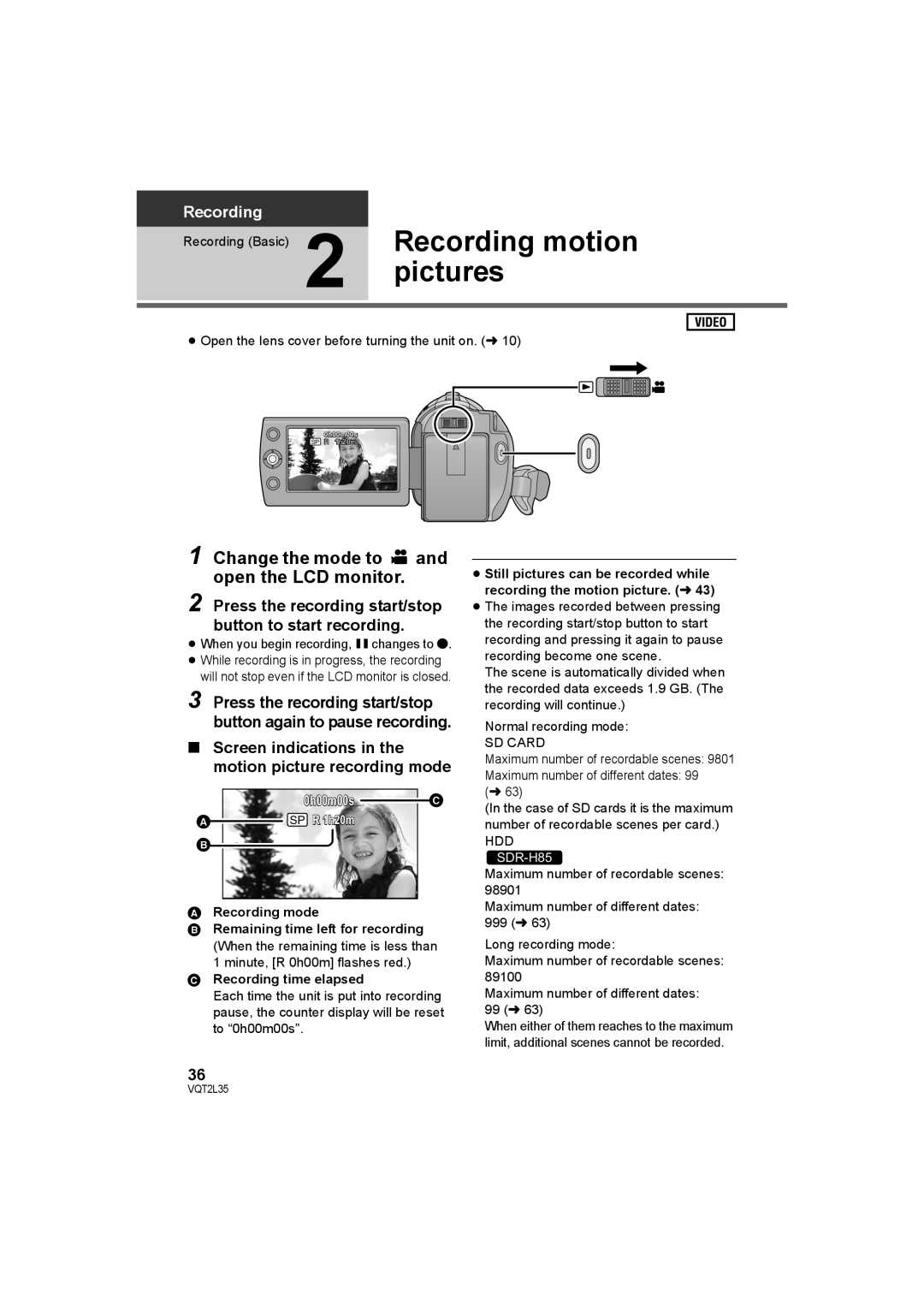 Philips SDR-S50 operating instructions Recording motion, Pictures, Press the recording start/stop button to start recording 