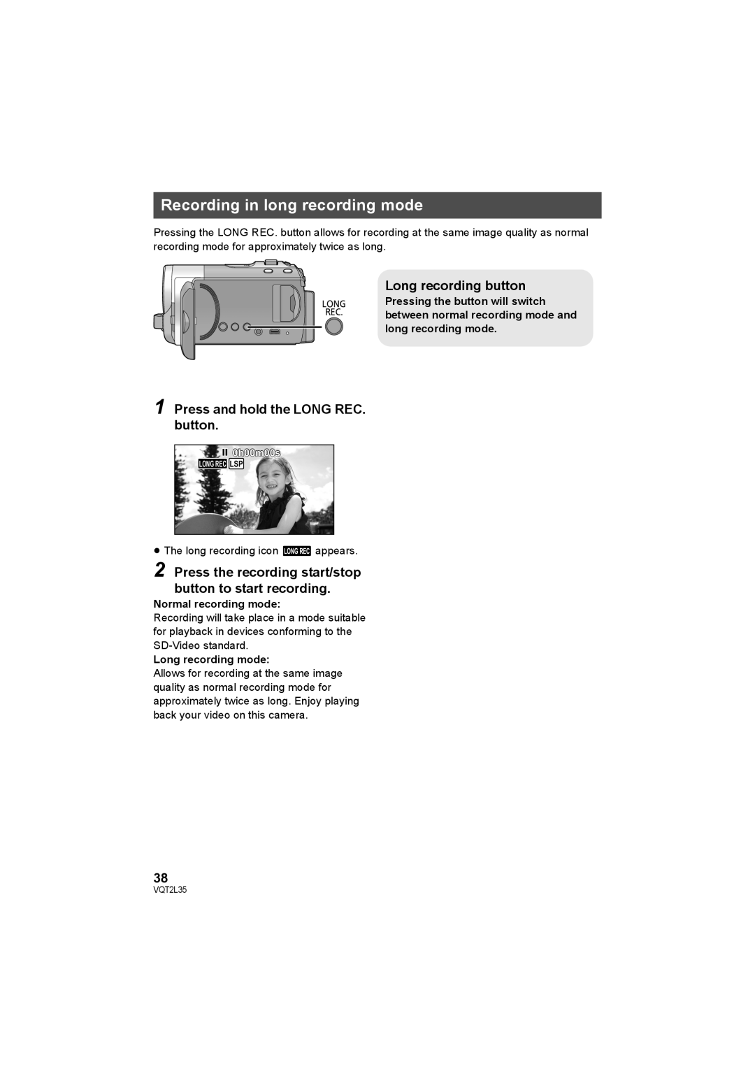 Philips SDR-S50 Recording in long recording mode, Press and hold the Long REC. button, Long recording button 