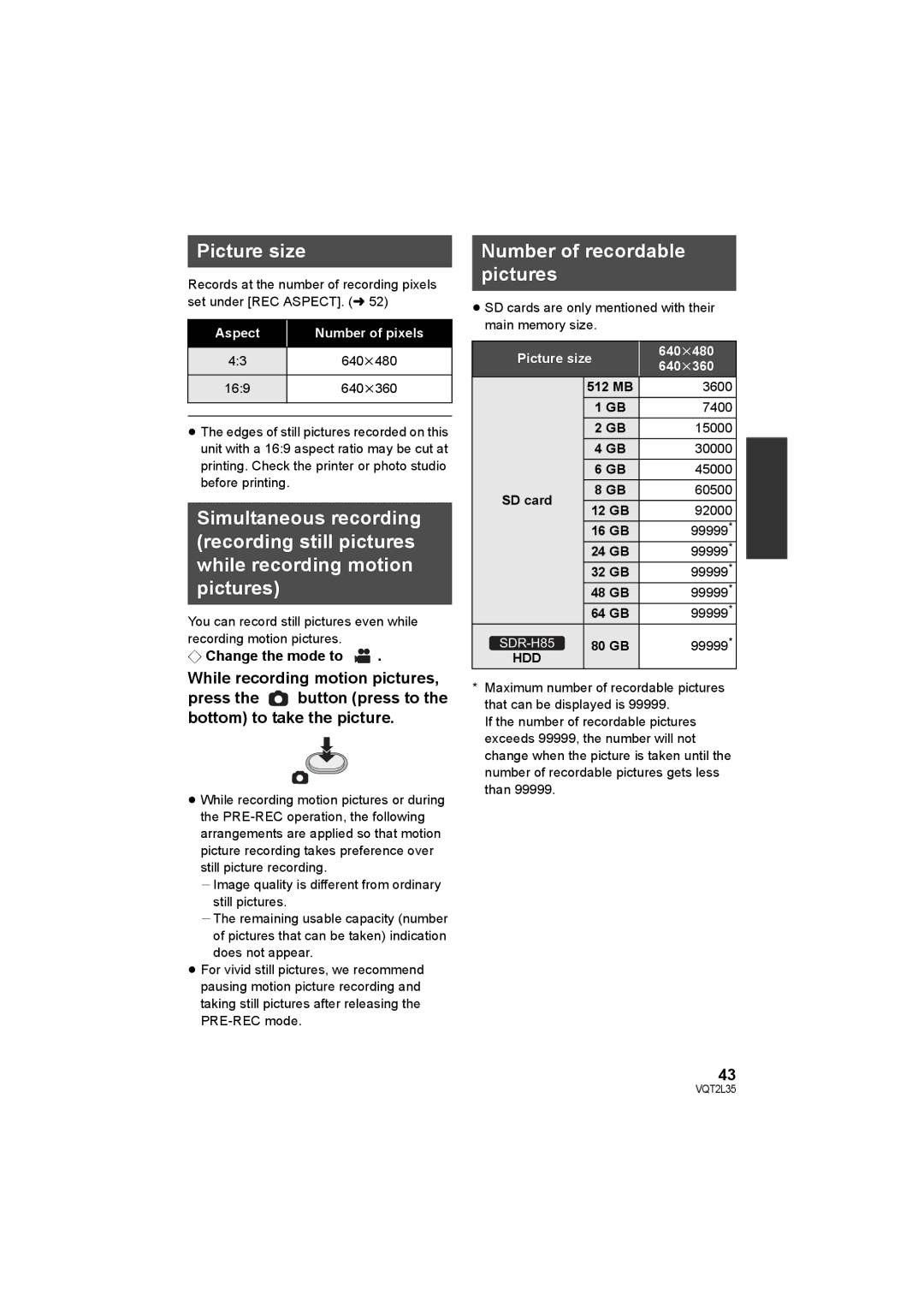 Philips SDR-S50 operating instructions Picture size, Number of recordable pictures 