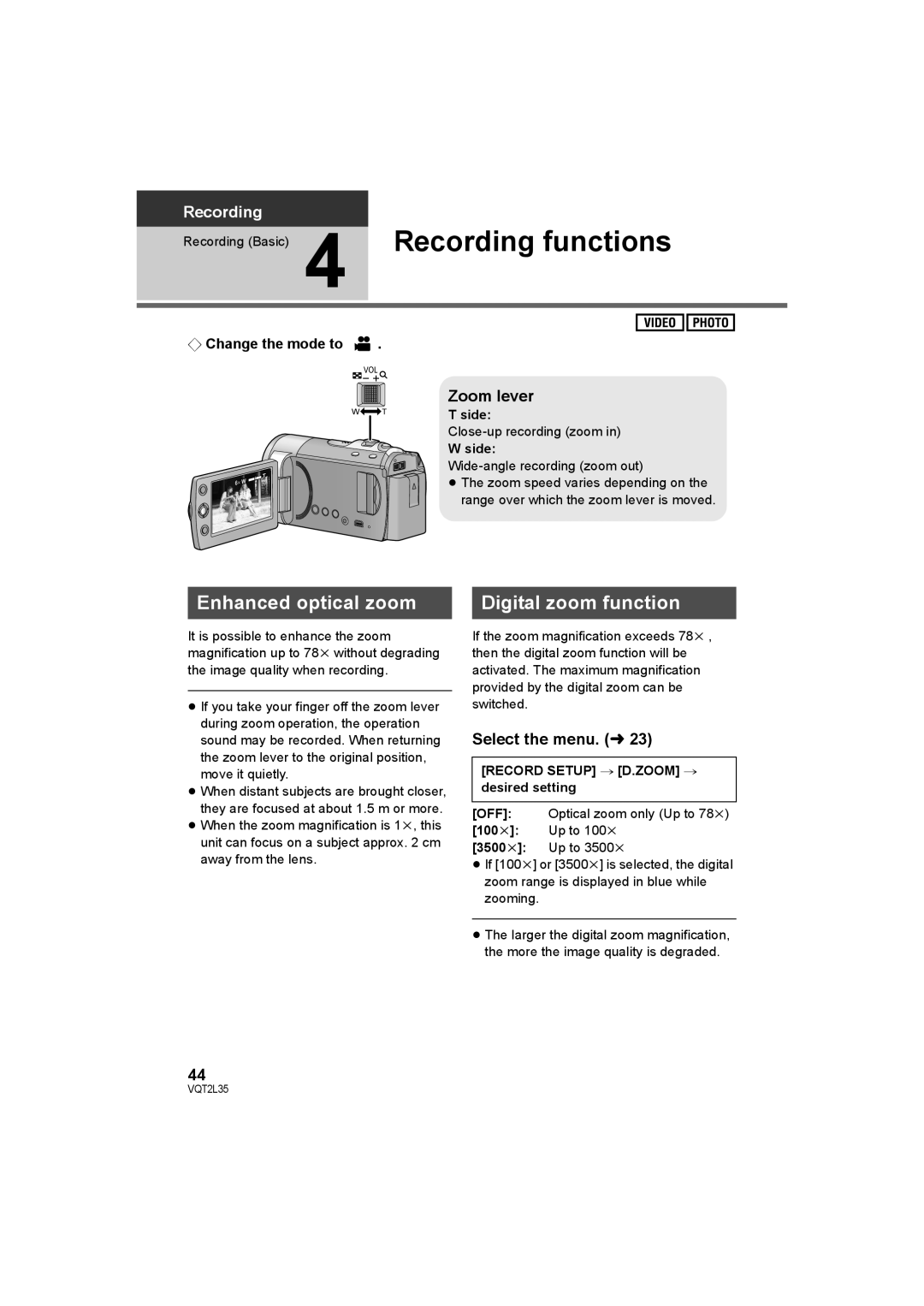 Philips SDR-S50 Recording Basic 4 Recording functions, Enhanced optical zoom Digital zoom function, Zoom lever, Side 