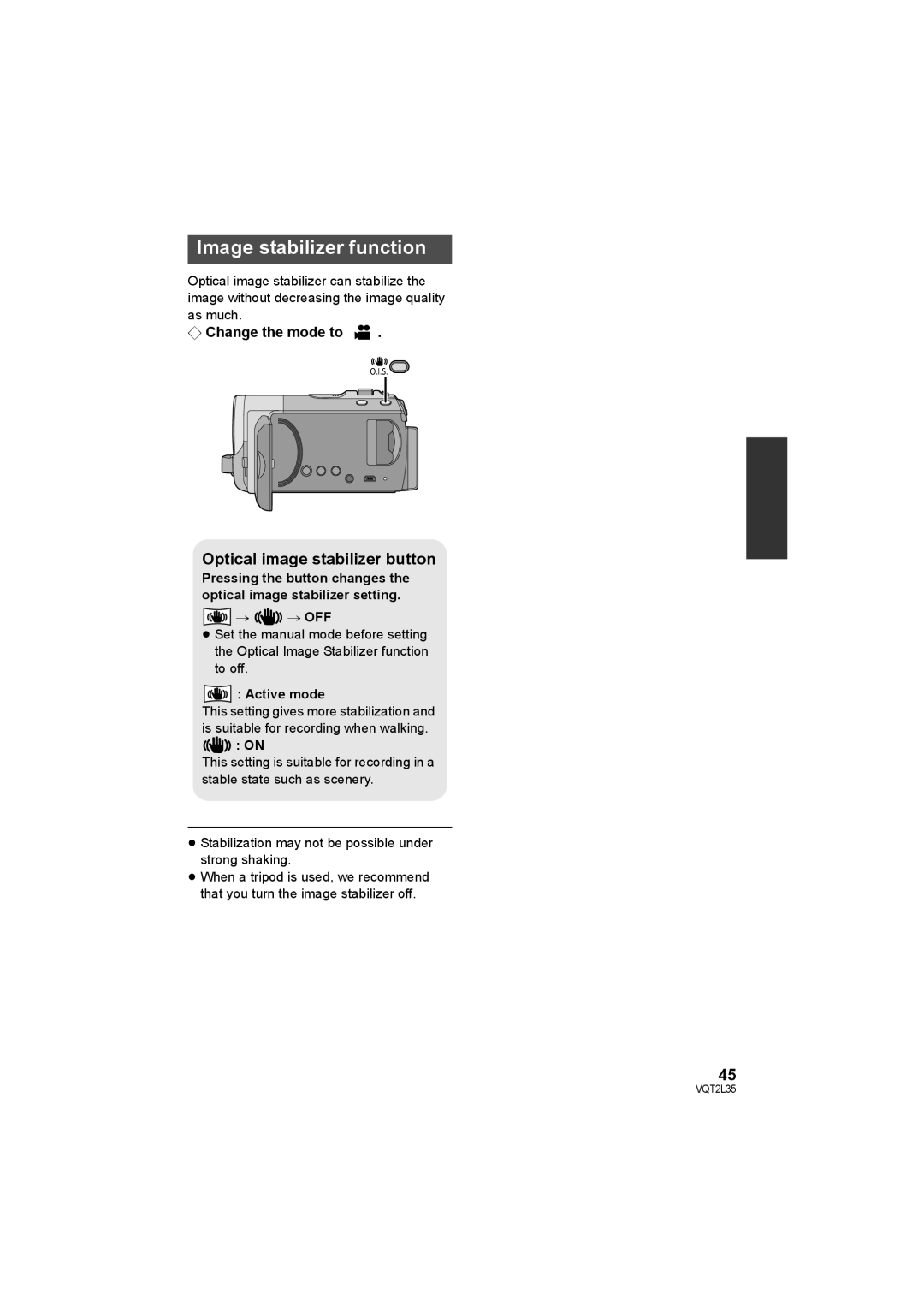 Philips SDR-S50 operating instructions Image stabilizer function, Optical image stabilizer button, Active mode 