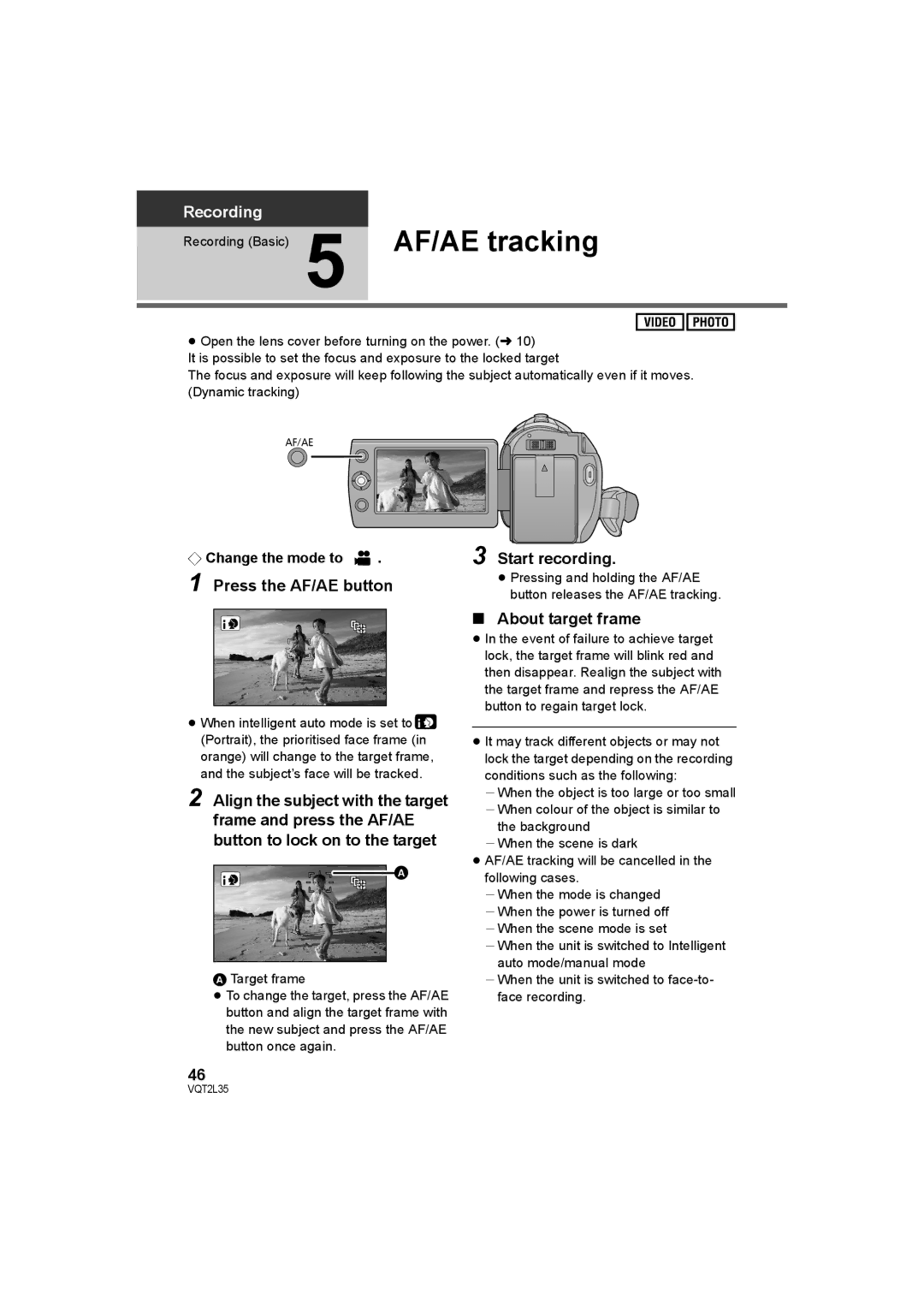 Philips SDR-S50 operating instructions Press the AF/AE button, Start recording, About target frame 