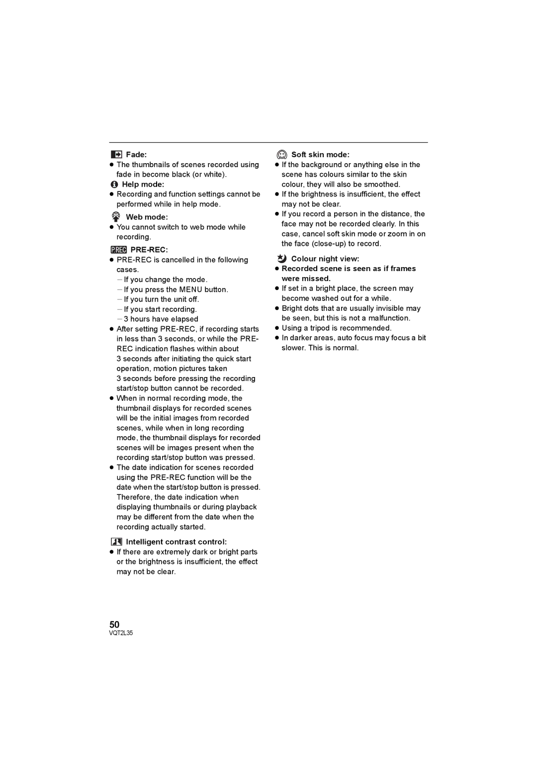 Philips SDR-S50 operating instructions Help mode, Web mode, Pre-Rec, Intelligent contrast control, Soft skin mode 