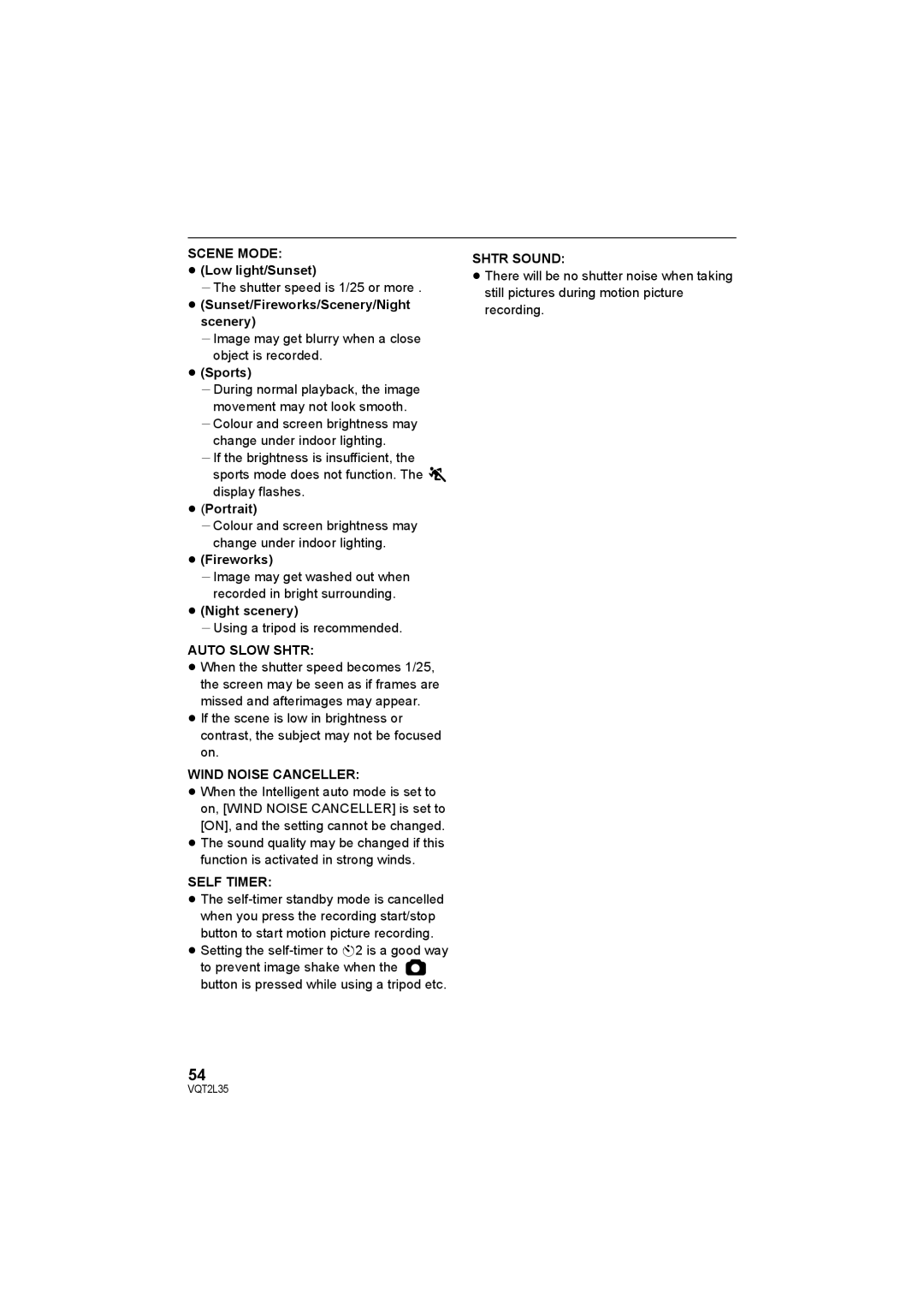 Philips SDR-S50 operating instructions Scene Mode, Auto Slow Shtr, Wind Noise Canceller, Self Timer, Shtr Sound 