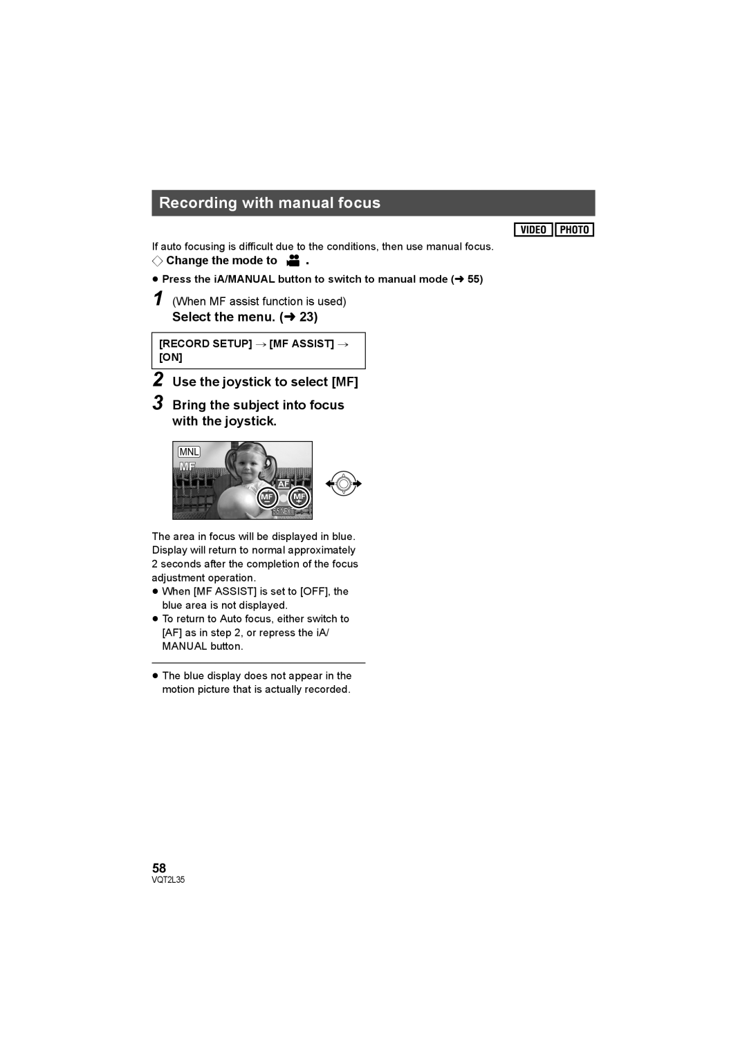 Philips SDR-S50 operating instructions Recording with manual focus, Record Setup # MF Assist # 