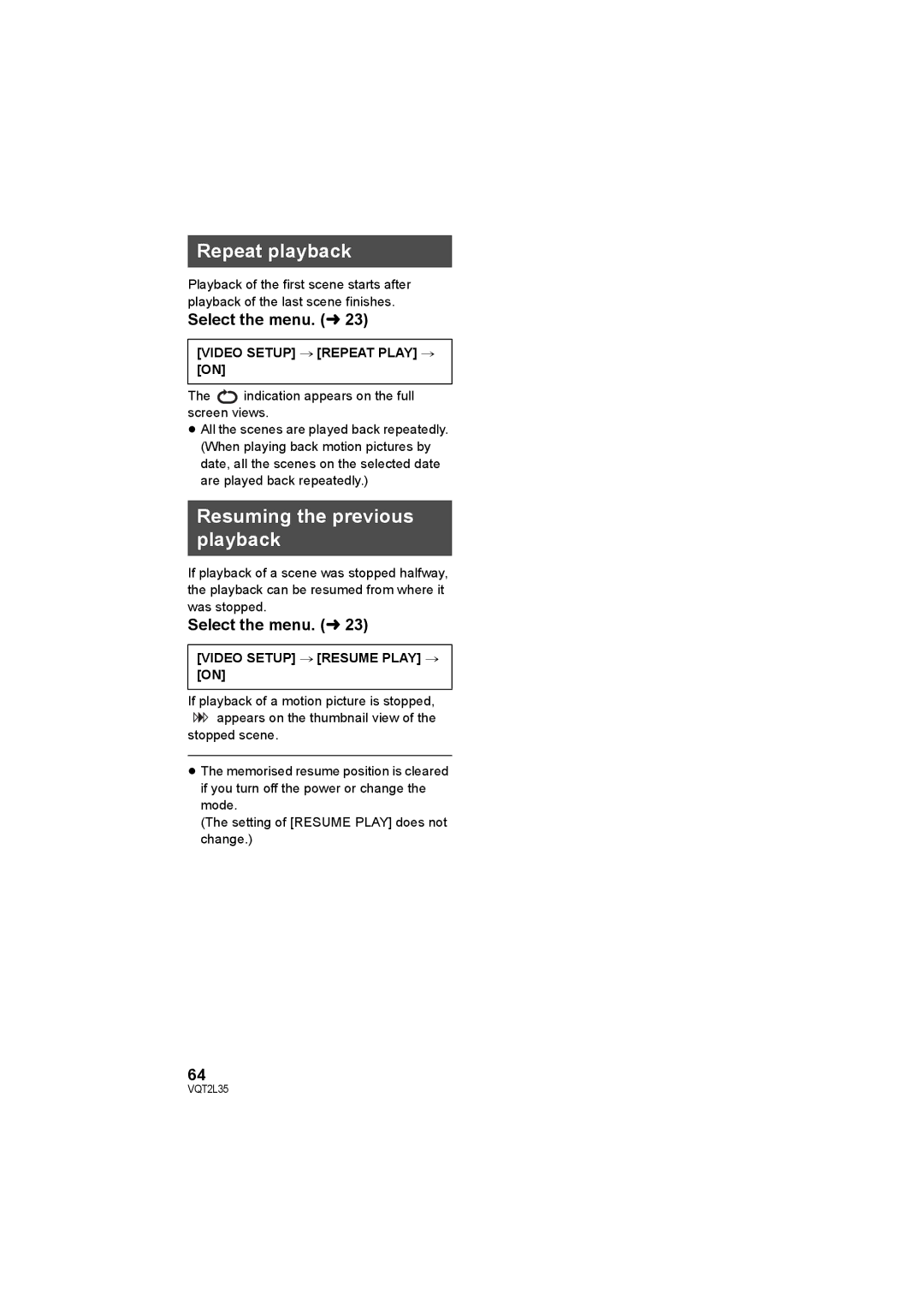 Philips SDR-S50 Repeat playback, Resuming the previous playback, Video Setup # Repeat Play #, Video Setup # Resume Play # 