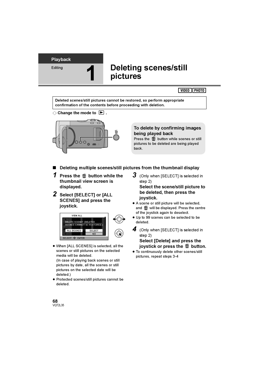 Philips SDR-S50 operating instructions Deleting scenes/still, To delete by confirming images being played back, Editing 