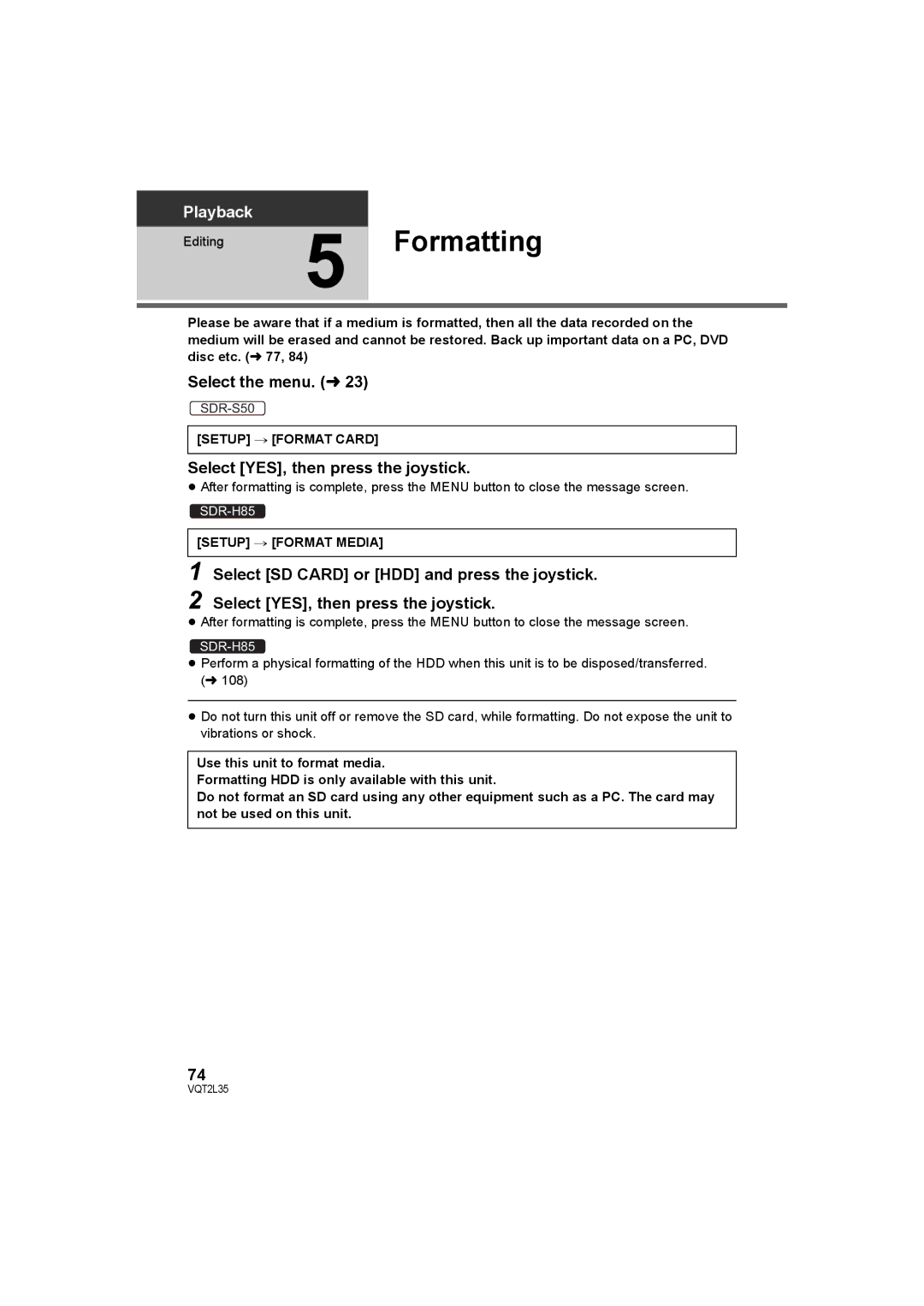 Philips SDR-S50 Formatting, Select SD Card or HDD and press the joystick, Setup # Format Card, Setup # Format Media 