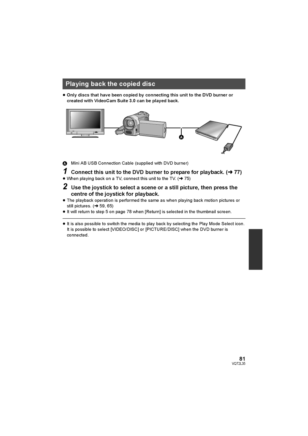 Philips SDR-S50 operating instructions Playing back the copied disc, Mini AB USB Connection Cable supplied with DVD burner 