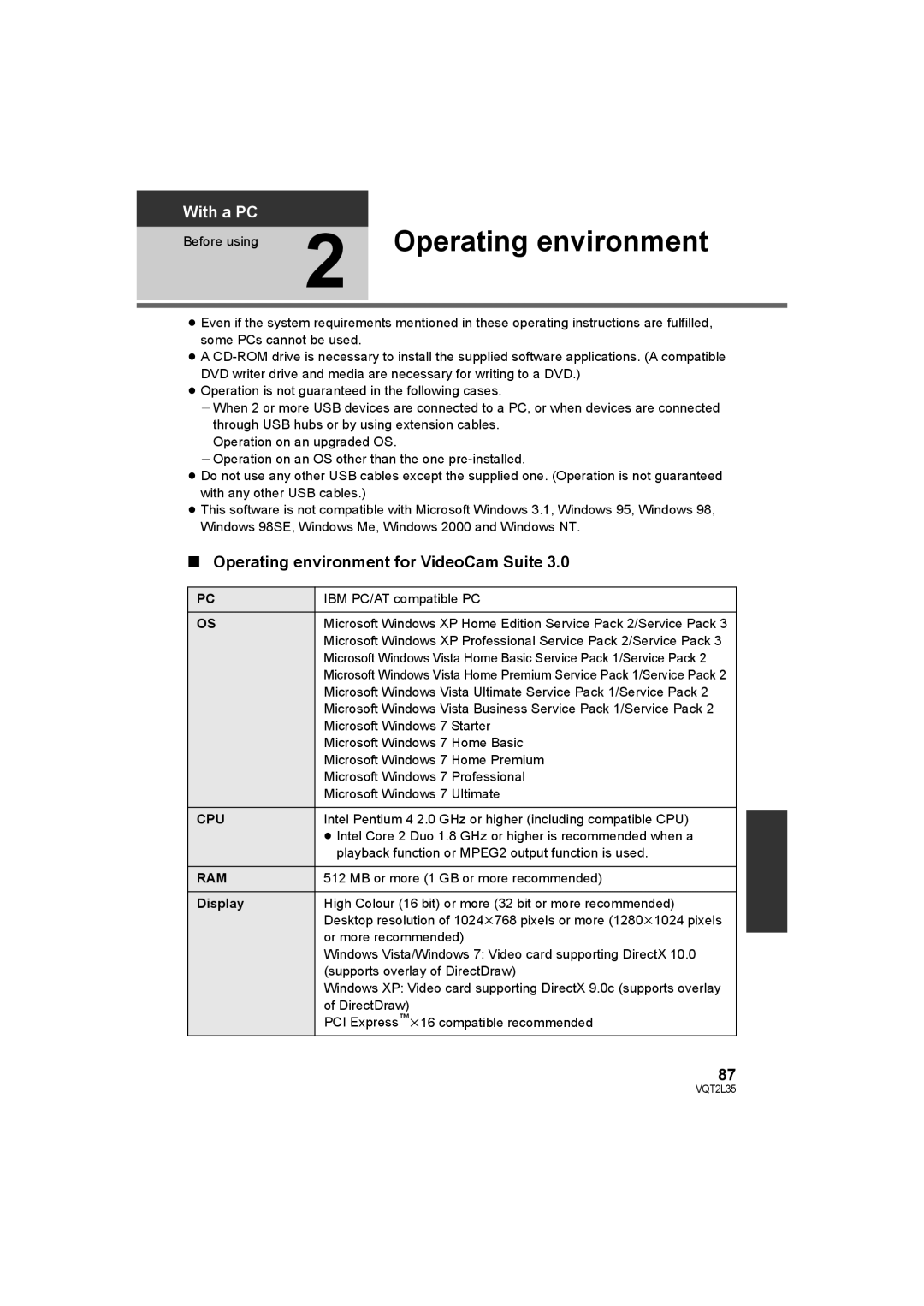 Philips SDR-S50 operating instructions Operating environment for VideoCam Suite, Cpu, Ram, Display 