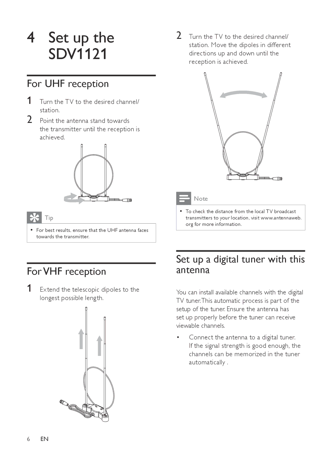 Philips SDV1121/27 user manual For UHF reception, For VHF reception, Set up a digital tuner with this antenna 