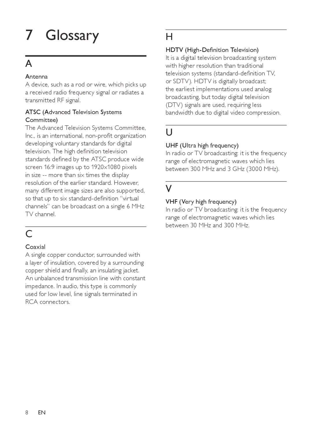 Philips SDV1121/27 user manual Glossary, Coaxial 