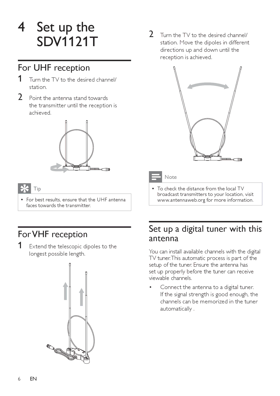 Philips SDV1121T/27 user manual For UHF reception, For VHF reception, Set up a digital tuner with this antenna 