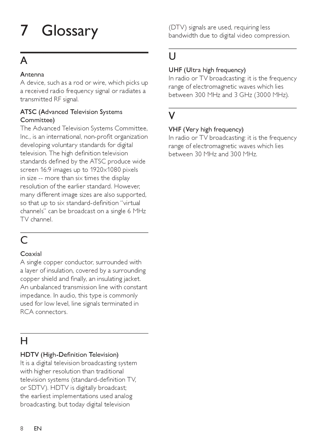 Philips SDV1121T/27 user manual Glossary, Coaxial 