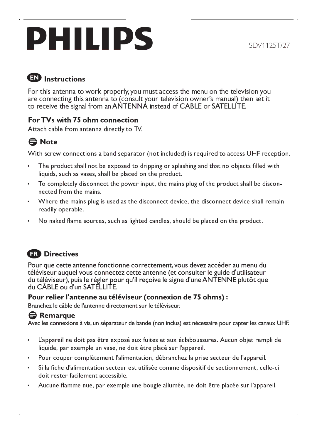 Philips SDV1125T/27 owner manual Instructions ForTVs with 75 ohm connection, Attach cable from antenna directly to TV 