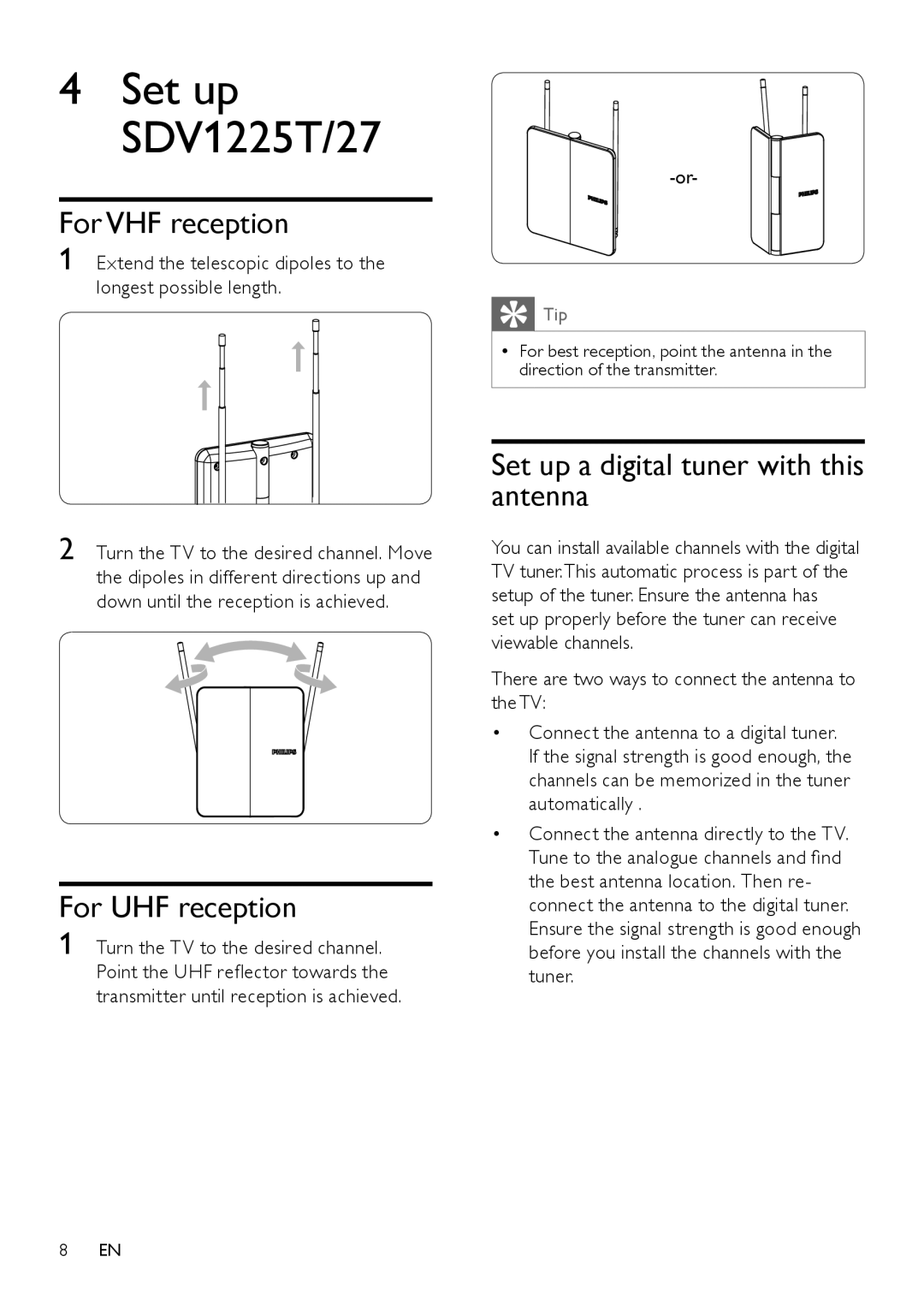 Philips SDV1225T/27 user manual For VHF reception, For UHF reception, Set up a digital tuner with this antenna 