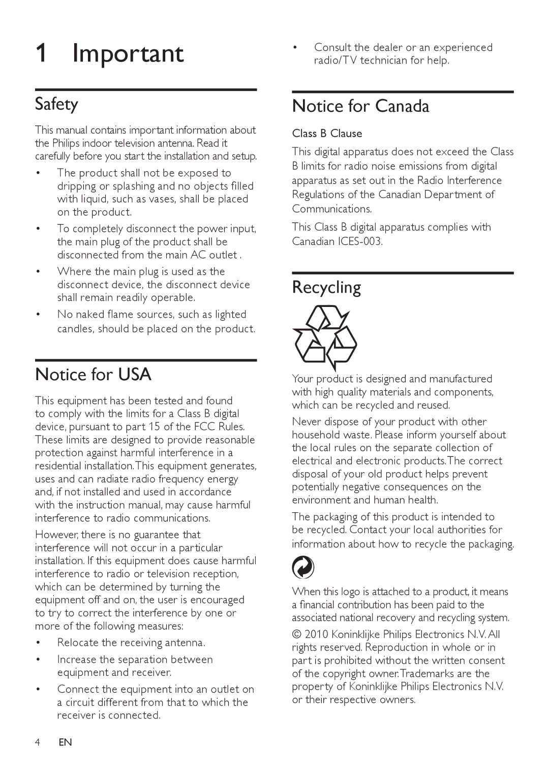 Philips SDV2125T/27 user manual Safety, Recycling, Relocate the receiving antenna, Class B Clause 